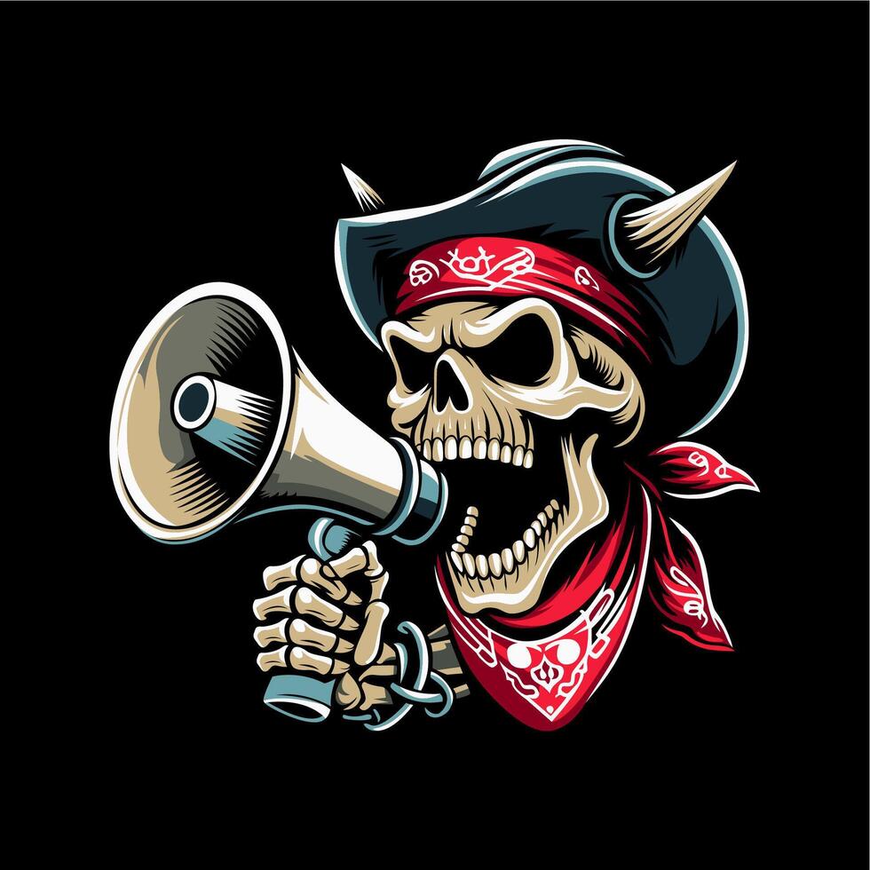 skull with horns and bandana holding a megaphone vector