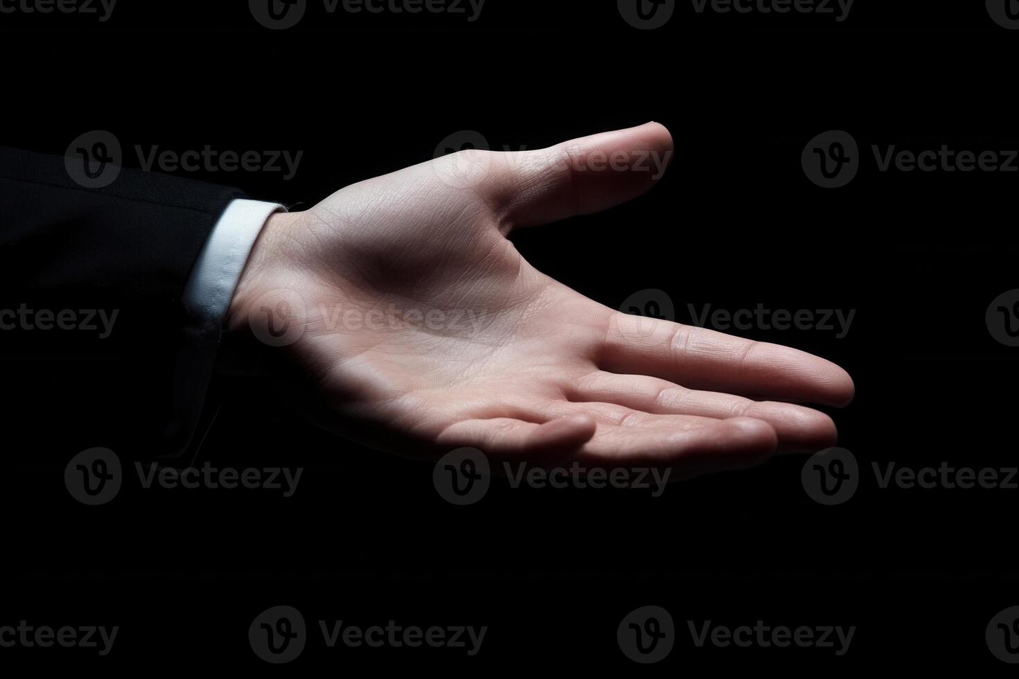 Elegant hand extended in greeting against a dark backdrop, suggesting connection and welcome photo