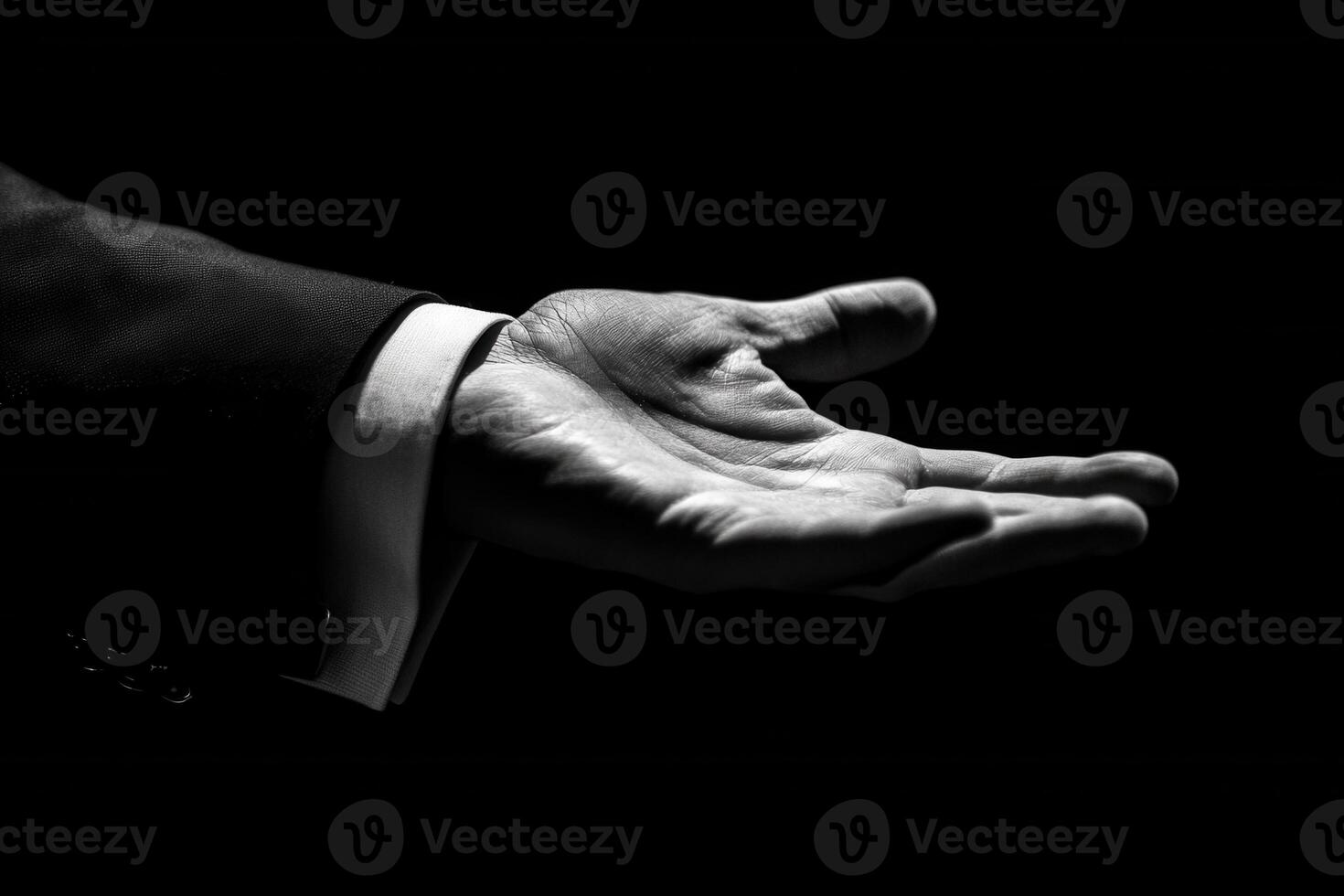 Elegant hand gesture in a formal suit, symbolizing invitation or offering against a dark backdrop photo