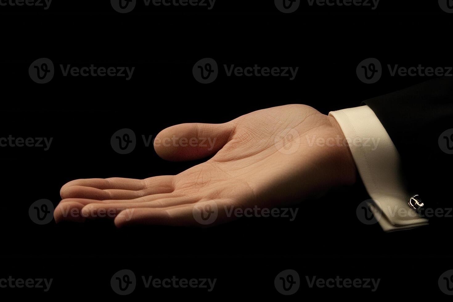 Elegant hand gesture of a suited individual against a dark background, symbolizing invitation photo