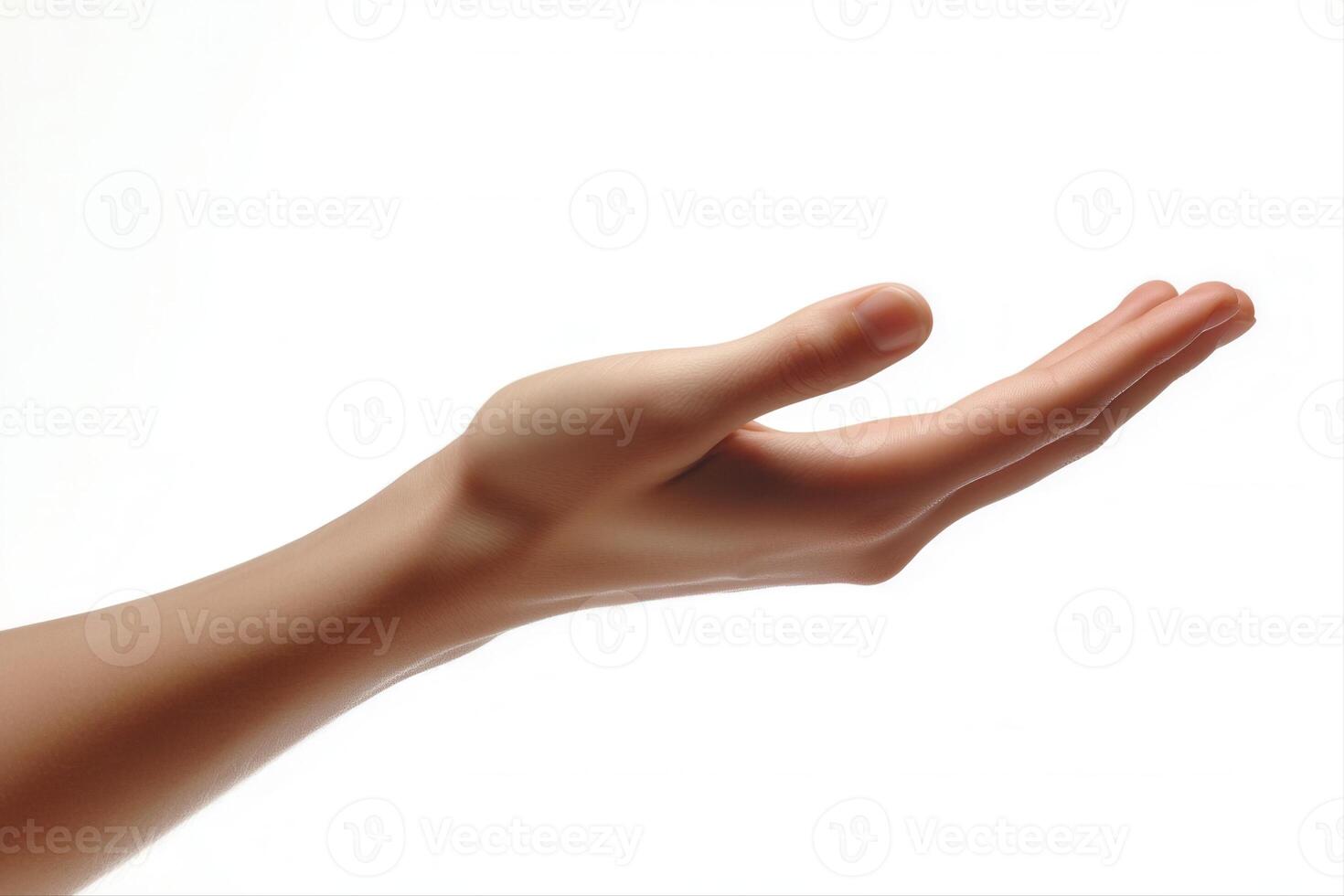 A human hand reaching out with an open palm against a white background, symbolizing invitation photo