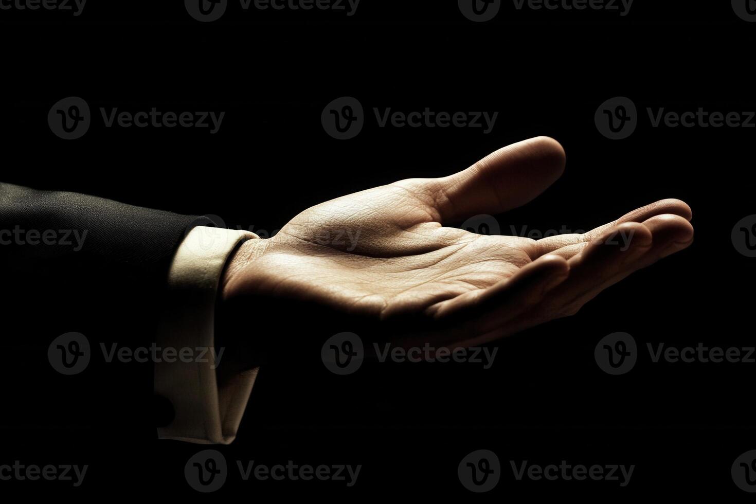 Elegant open hand gesture in low light, symbolizing invitation or offering photo