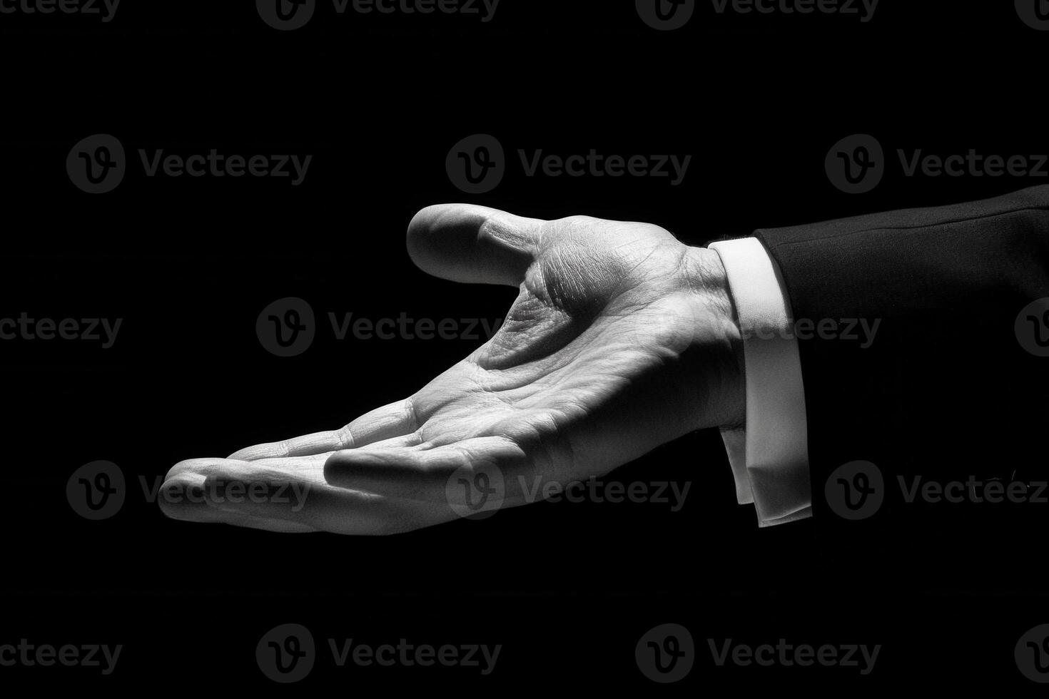 Elegant black and white image of an outstretched hand in a formal suit against a dark background photo