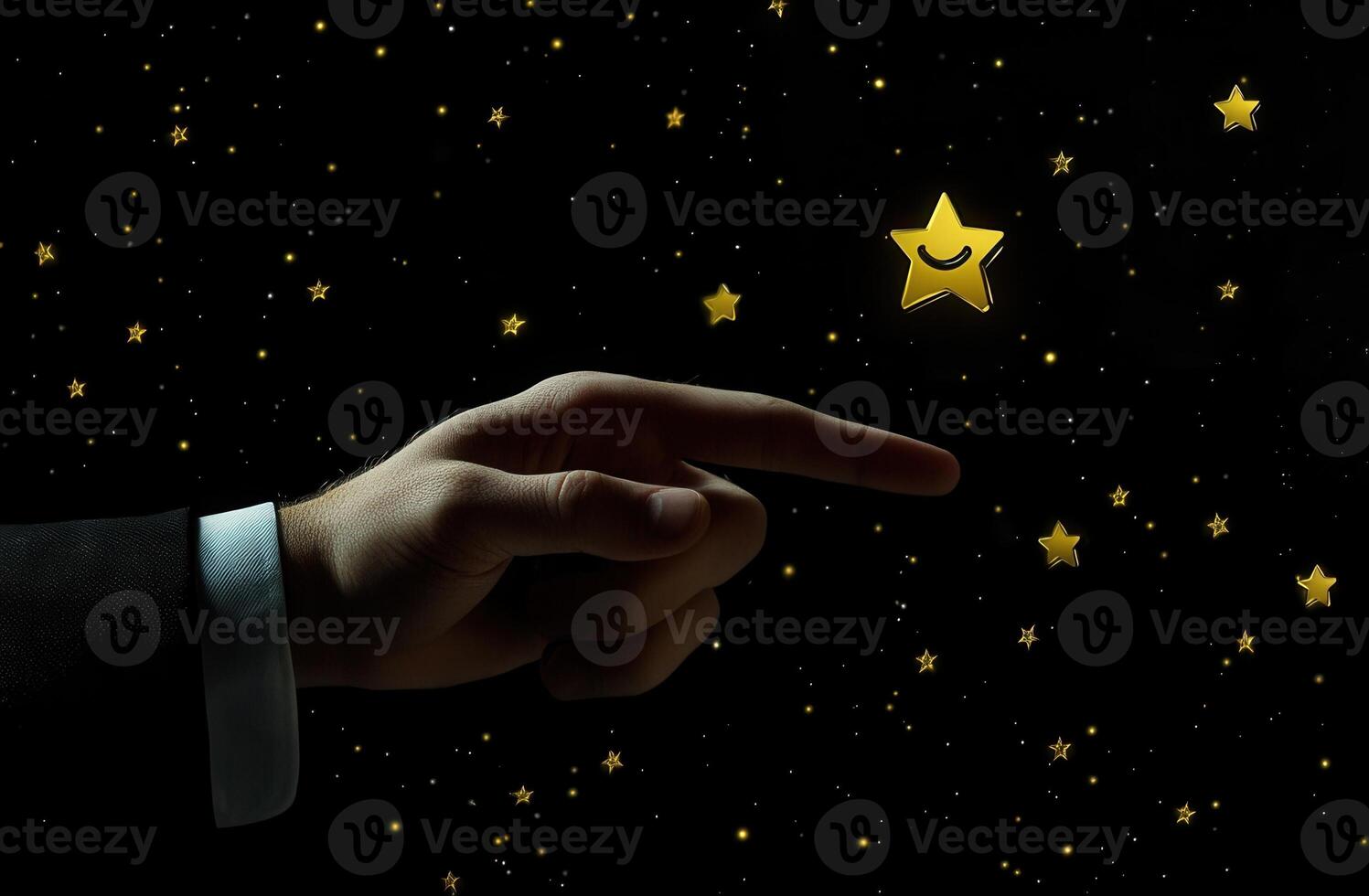 A hand reaching out to touch a golden star against a starry night background photo