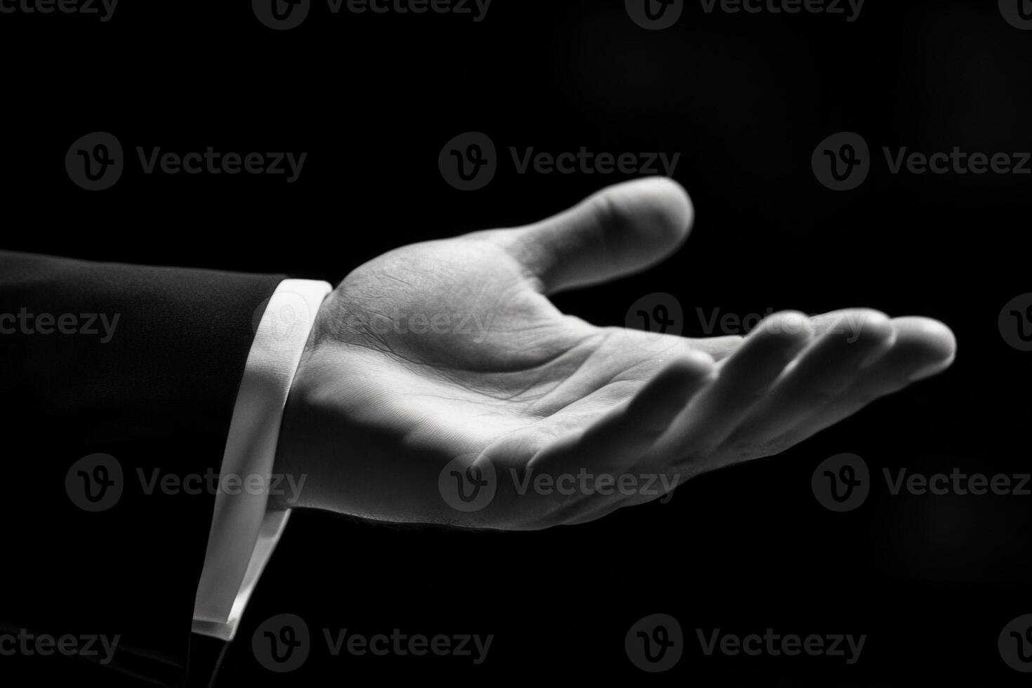 Elegant hand gesture in a formal setting, showcasing invitation or offering in darkness photo