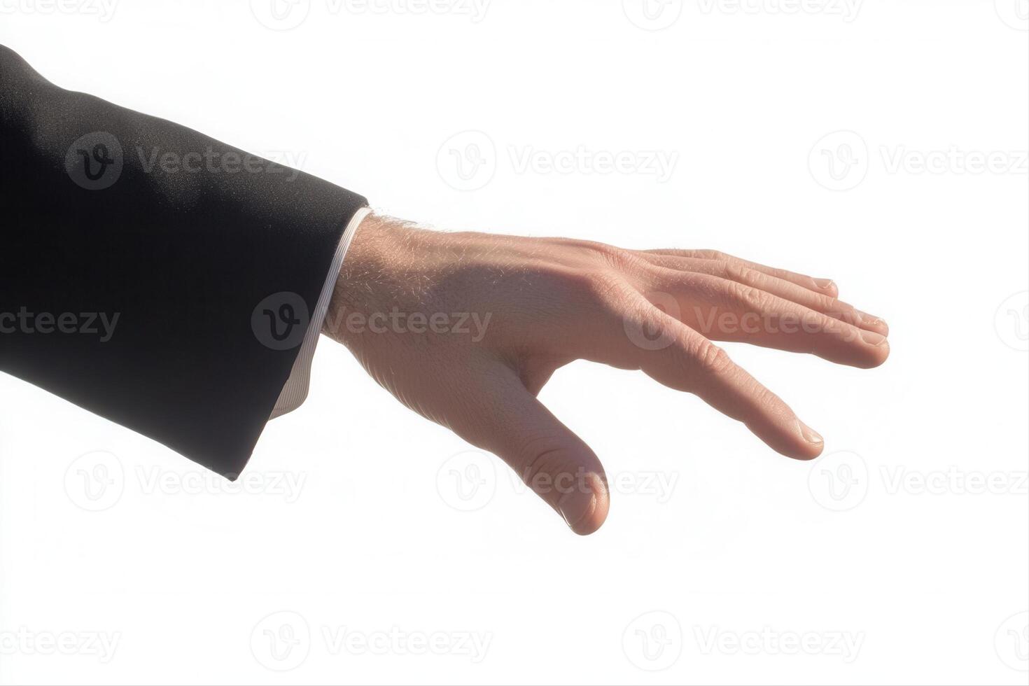 Elegant hand gesture of a businessman reaching out, against a bright white background photo