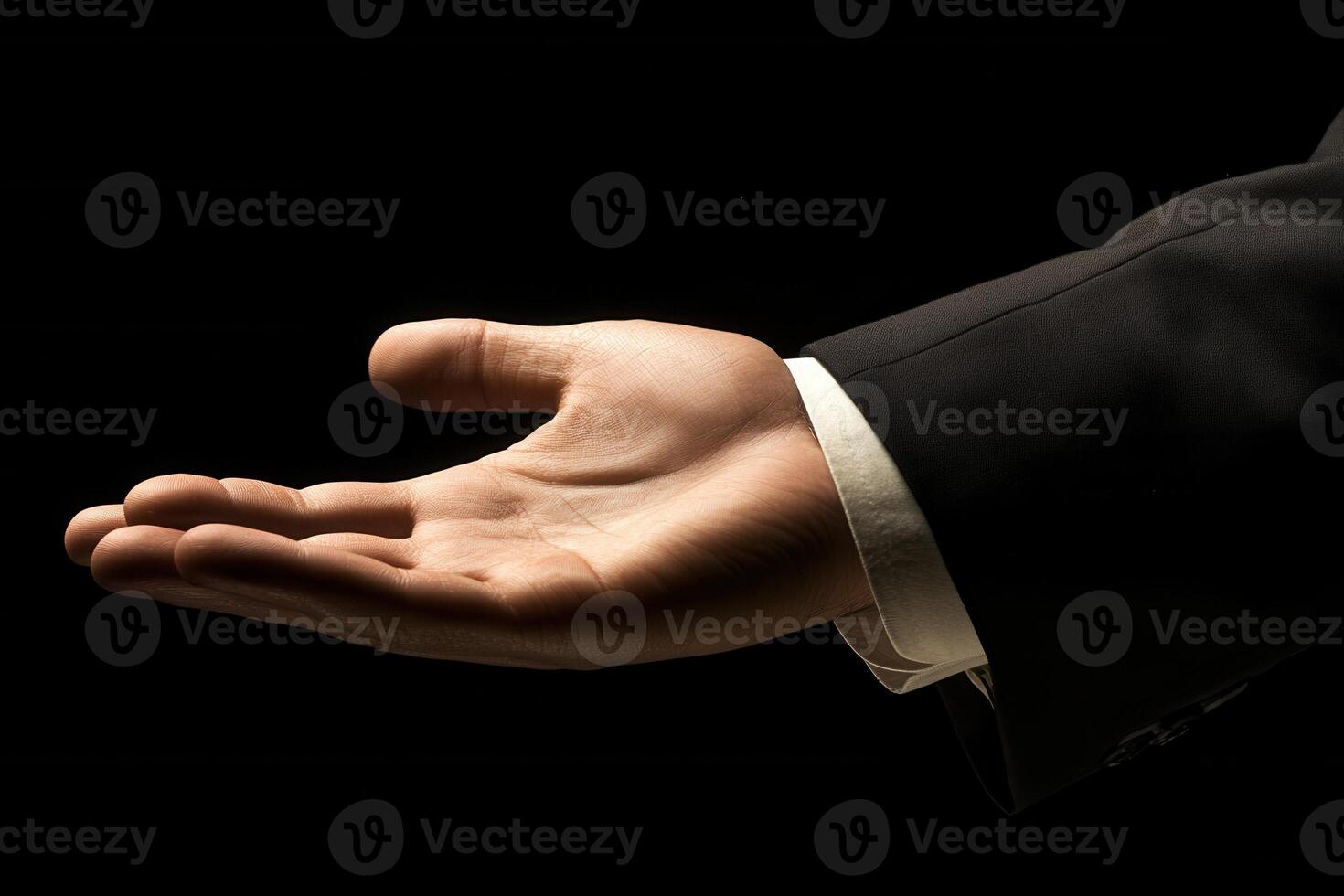 Elegant hand gesture of a businessman extending his palm against a dark background photo