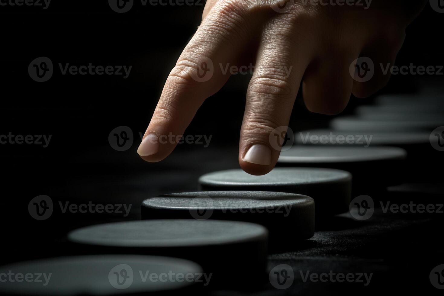 A close-up of a hand gently touching a series of circular objects in a dark setting photo