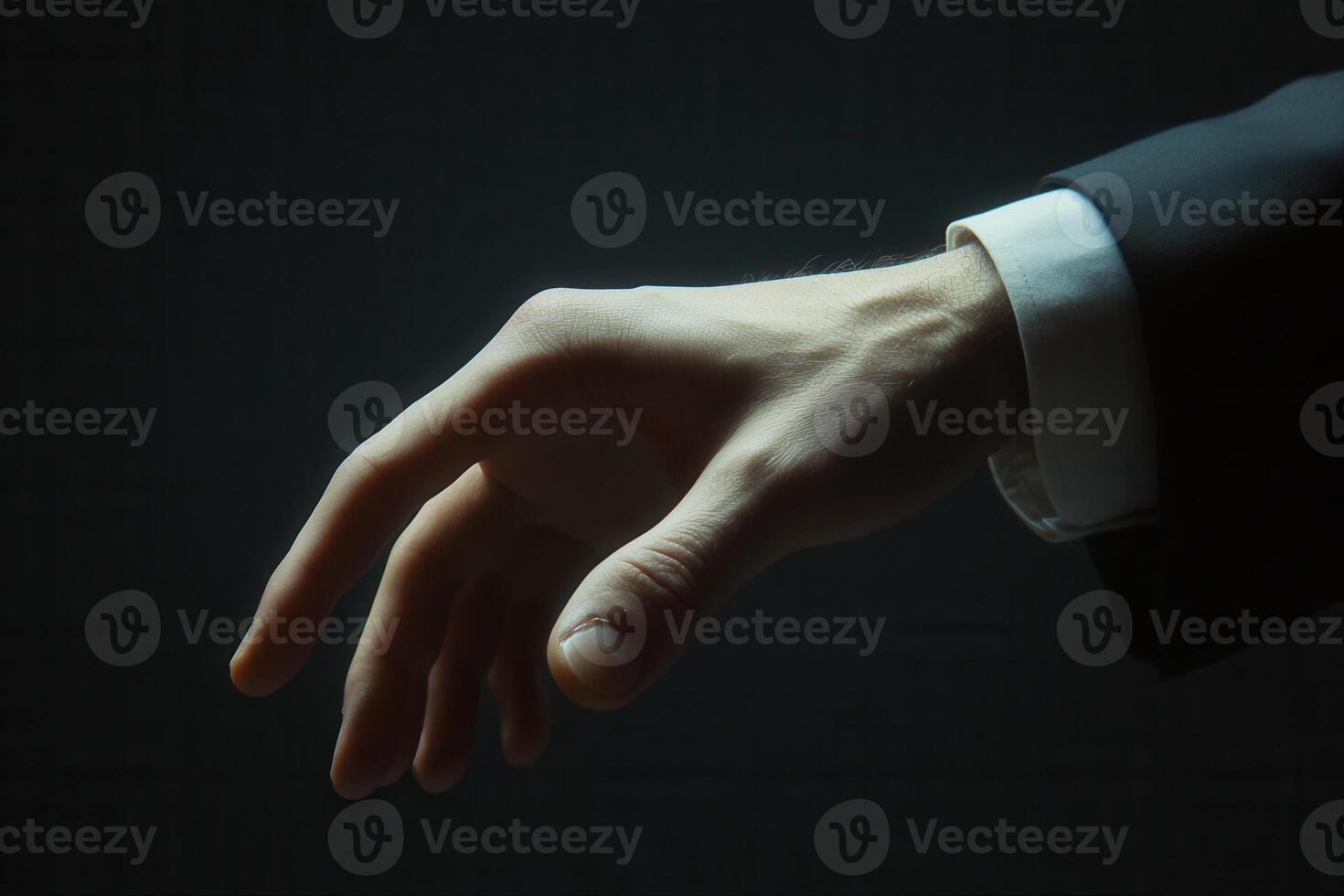 Elegant hand reaching out in a professional setting, illuminated against a dark background photo