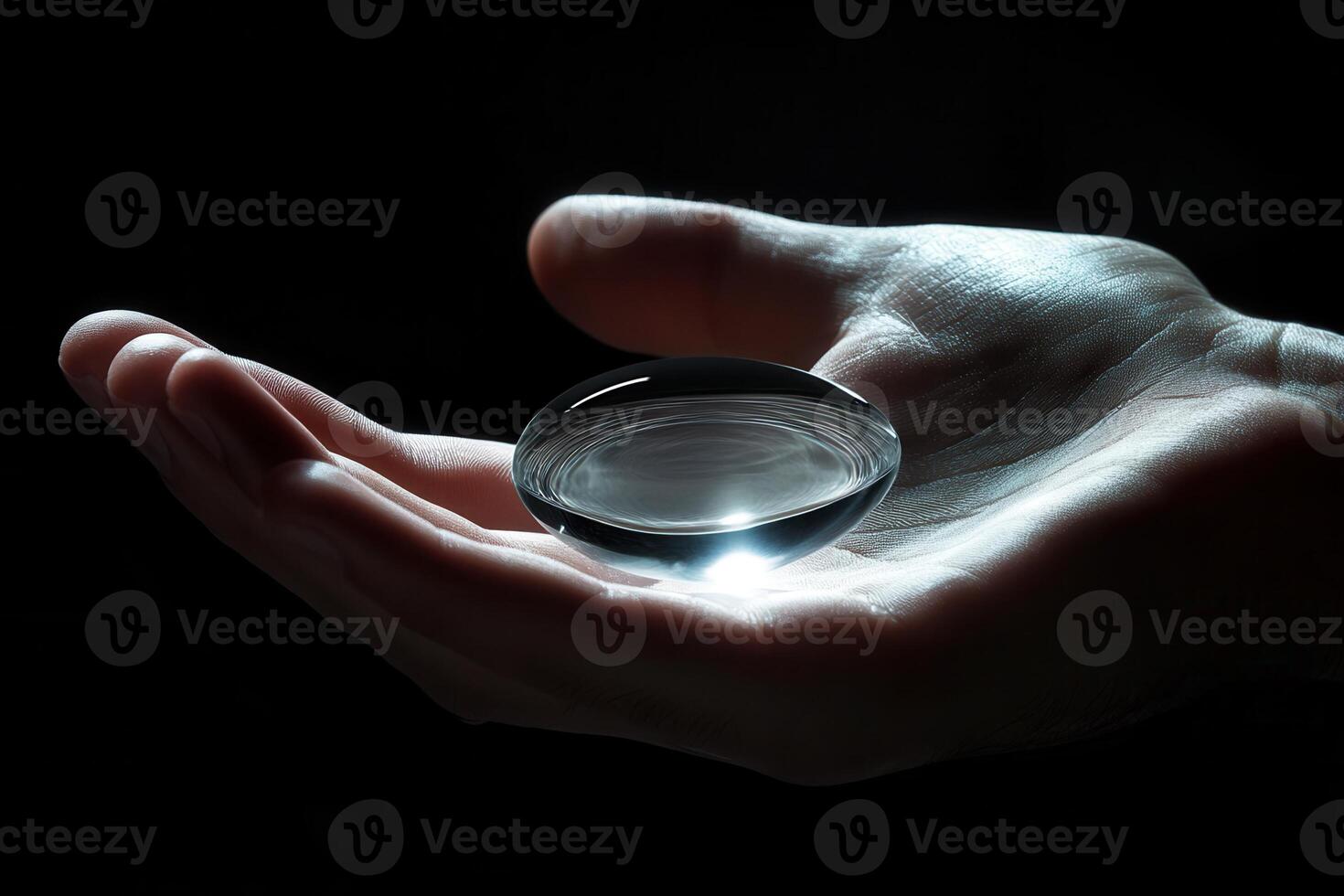 A hand holding a glass lens reflecting light against a dark background, showcasing clarity photo