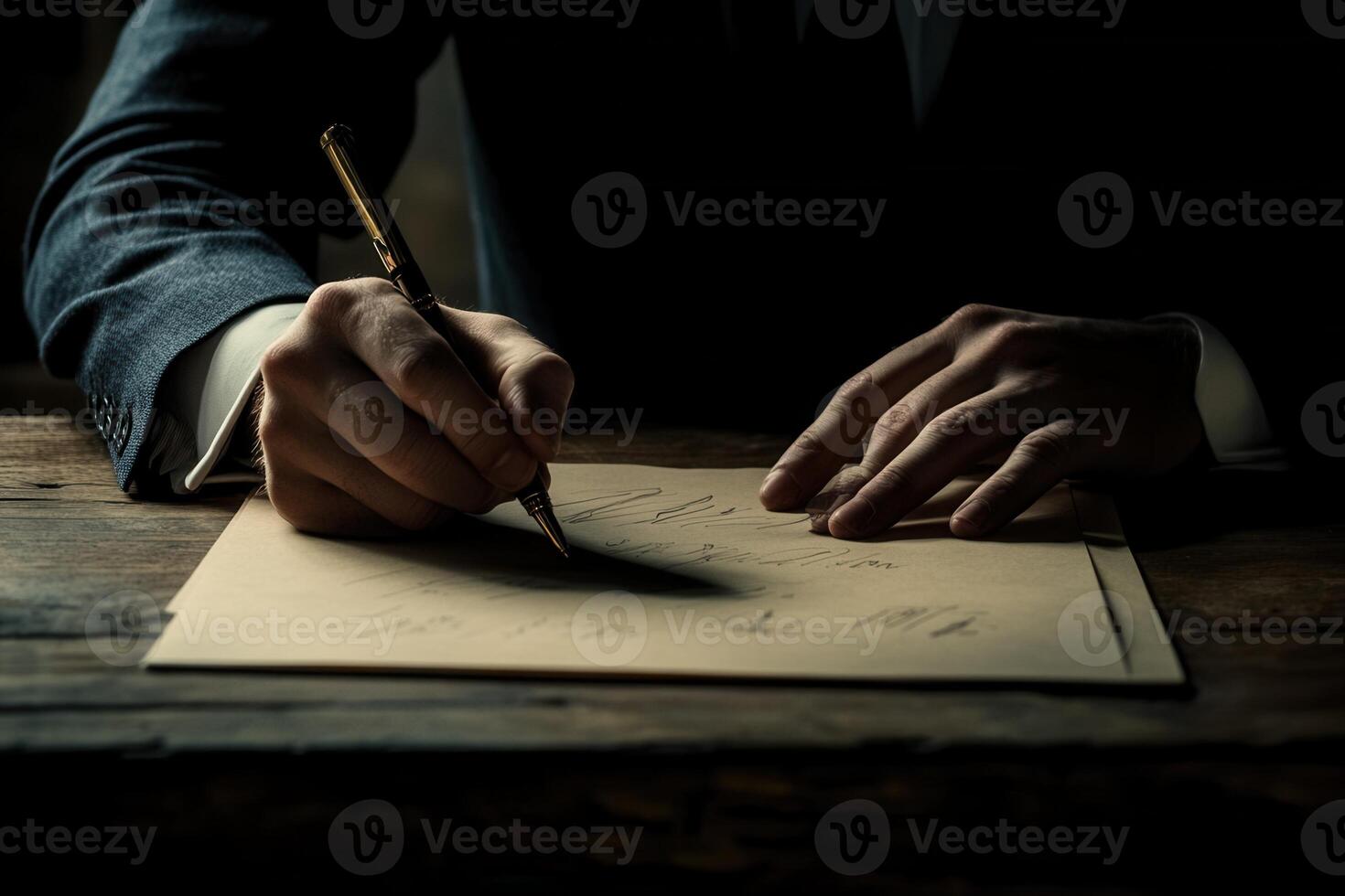 Elegant hands writing a letter on aged paper, warm ambiance in a classic study photo