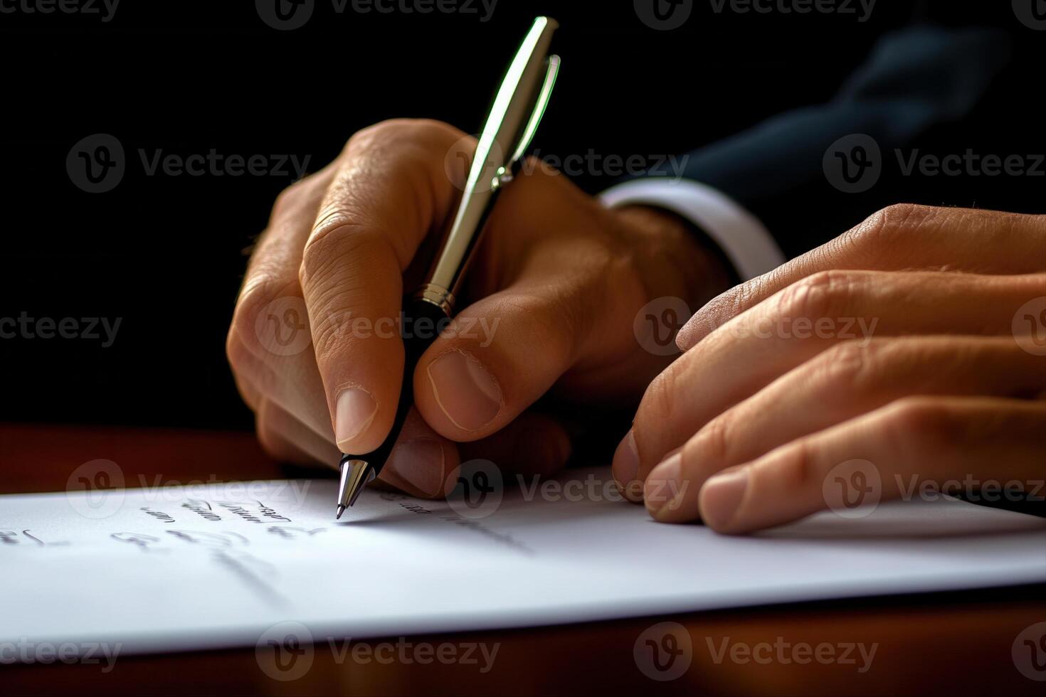 Close-up of a person's hands writing on a document with a pen, showcasing focus and intent photo