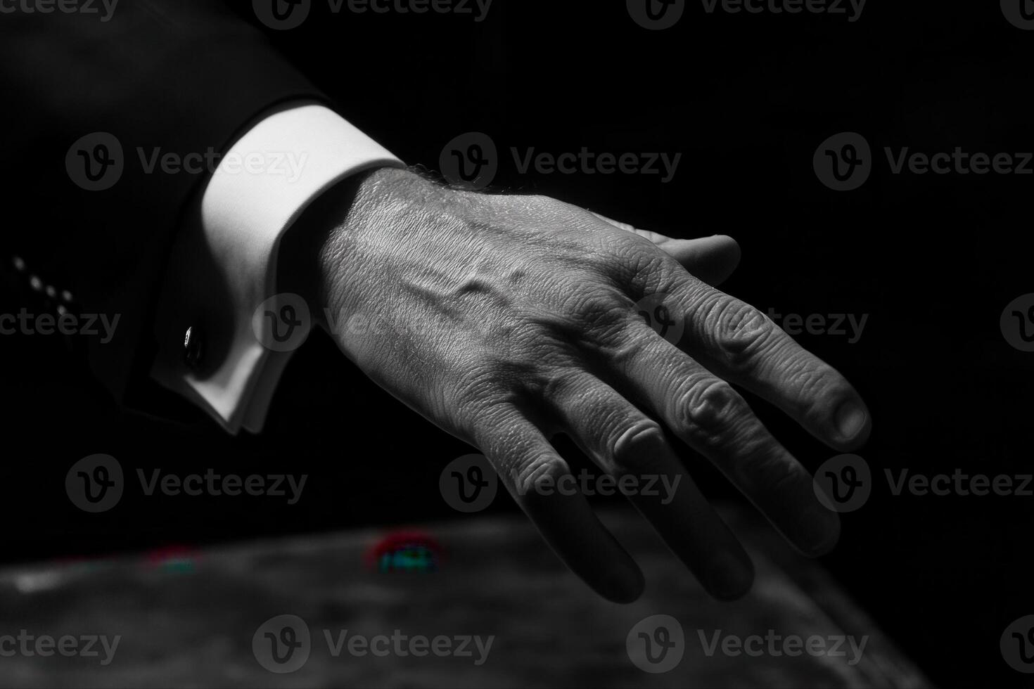 Elegant hand reaching towards a vintage table, showcasing intricate details and textures photo