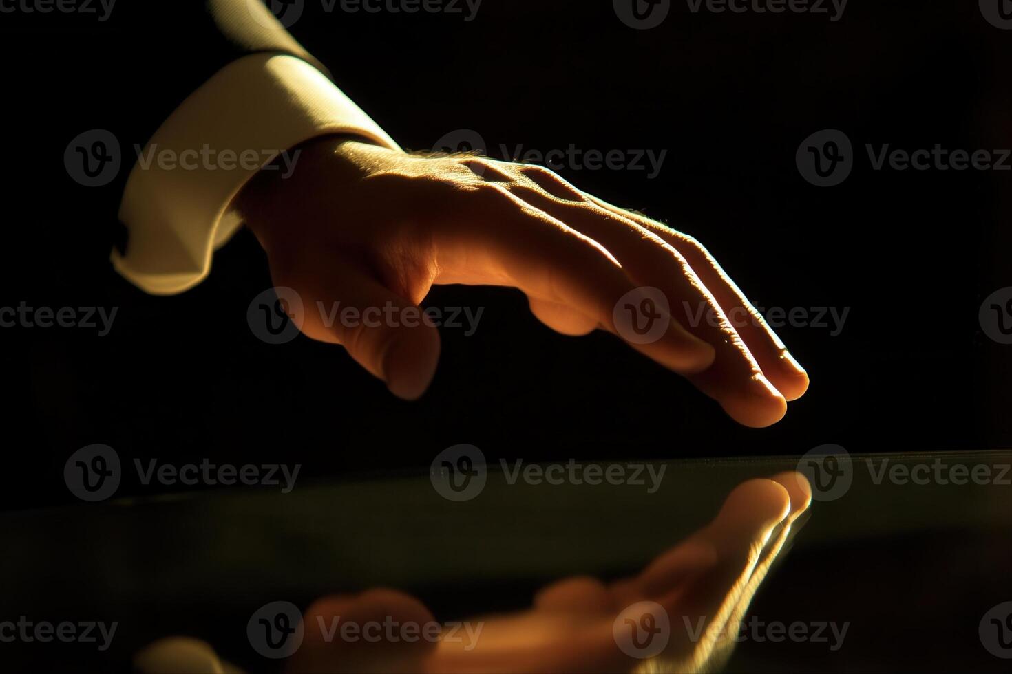 Elegant hand reaching out to touch a reflective surface in a dimly lit environment photo
