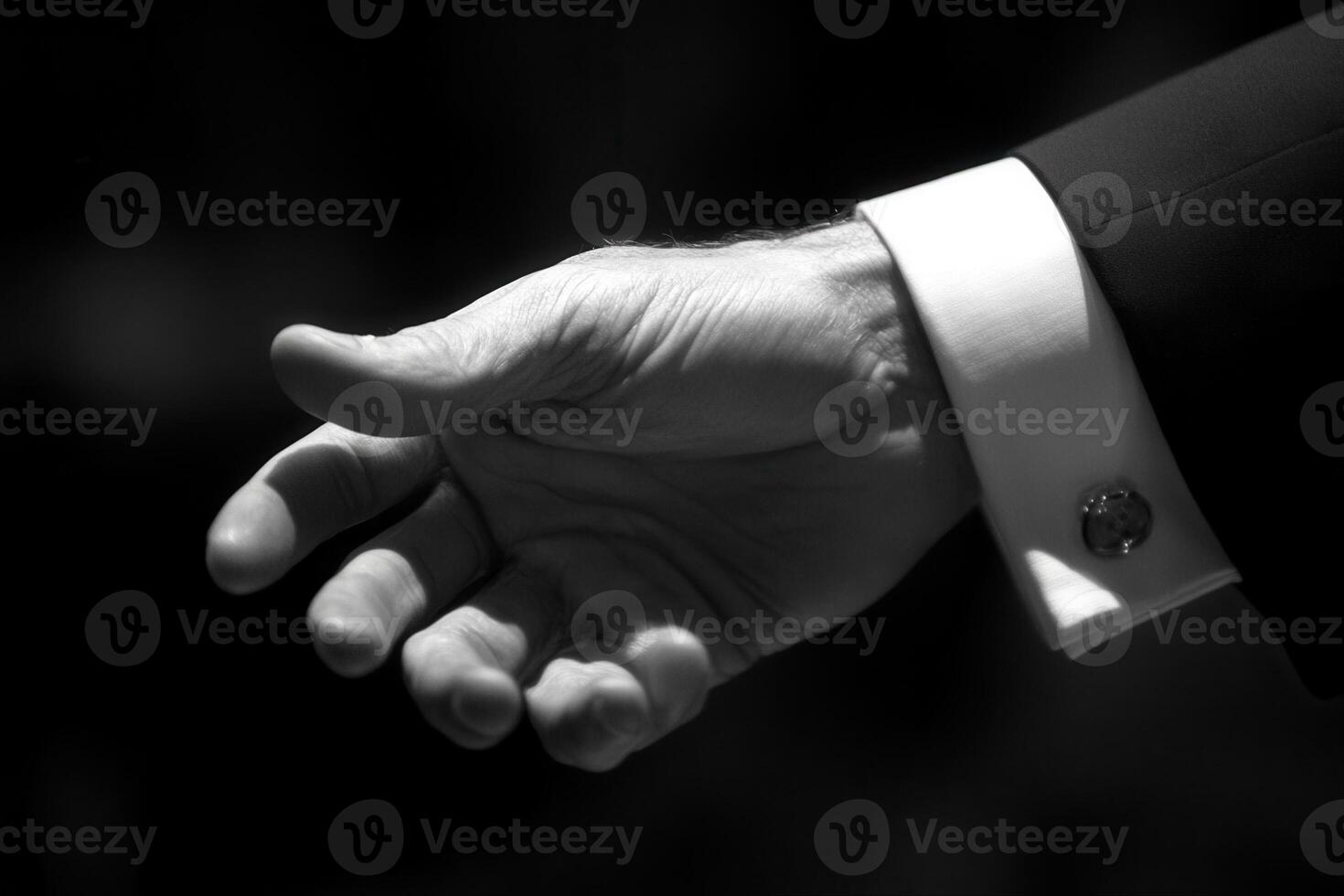 Elegant hand gesture in formal attire, showcasing a welcoming invitation in soft lighting photo