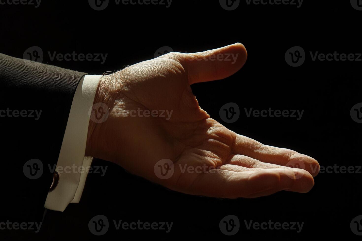 Elegant hand gesture extending in a dark setting, symbolizing invitation or offering photo