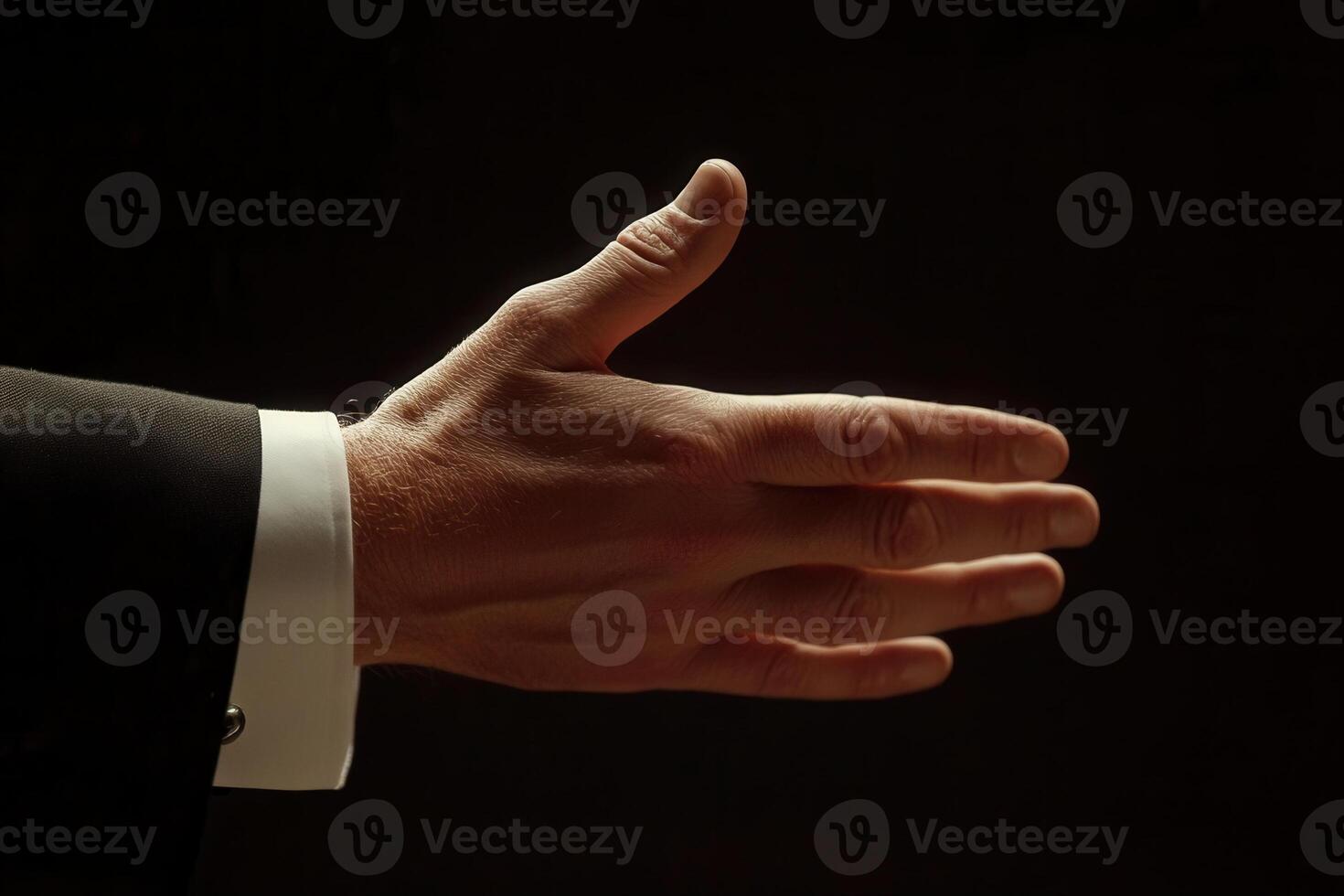 Elegant hand gesture in a formal setting, showcasing a welcoming pose against a dark background photo