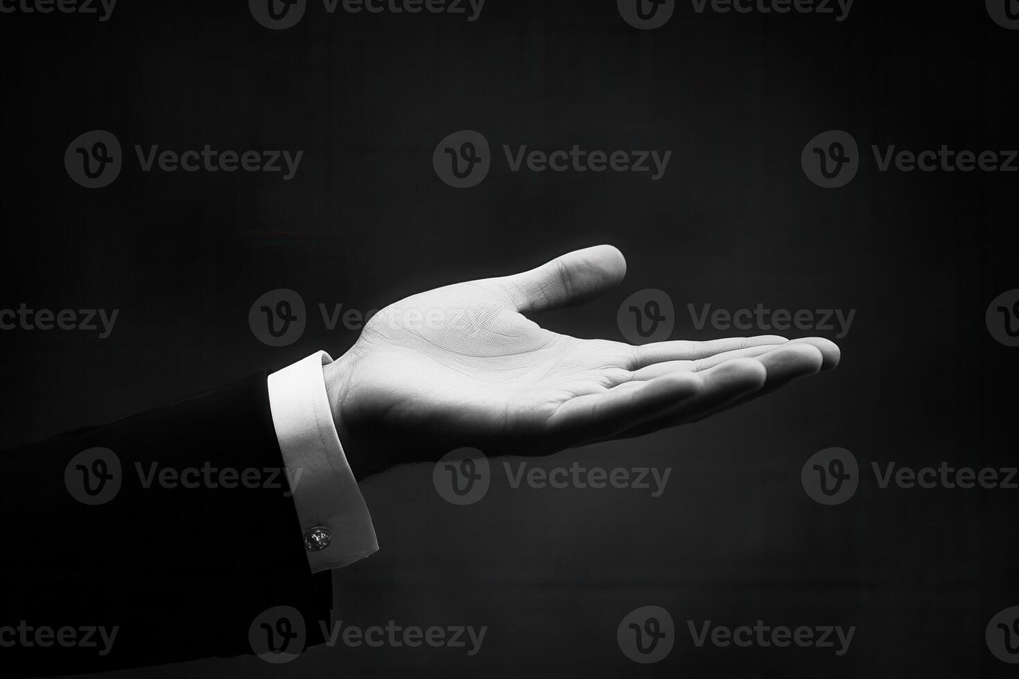 Elegant hand gesture in black and white, symbolizing invitation or offering, with a blurred background photo