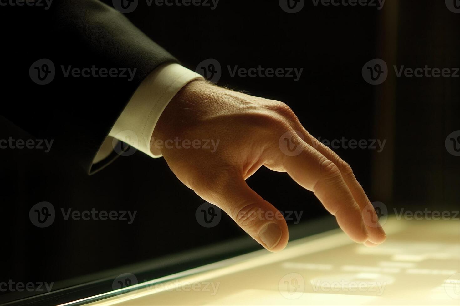 Elegant hand reaching towards a touchscreen interface in a modern business setting photo