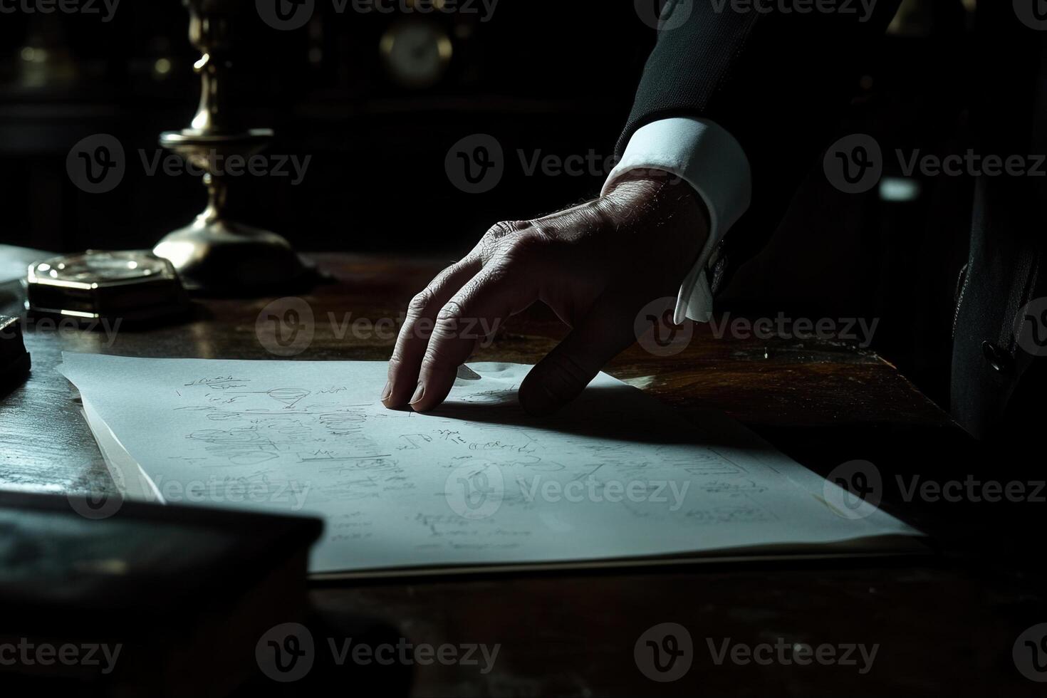 A man in a suit examines handwritten notes on a desk, surrounded by antique objects photo