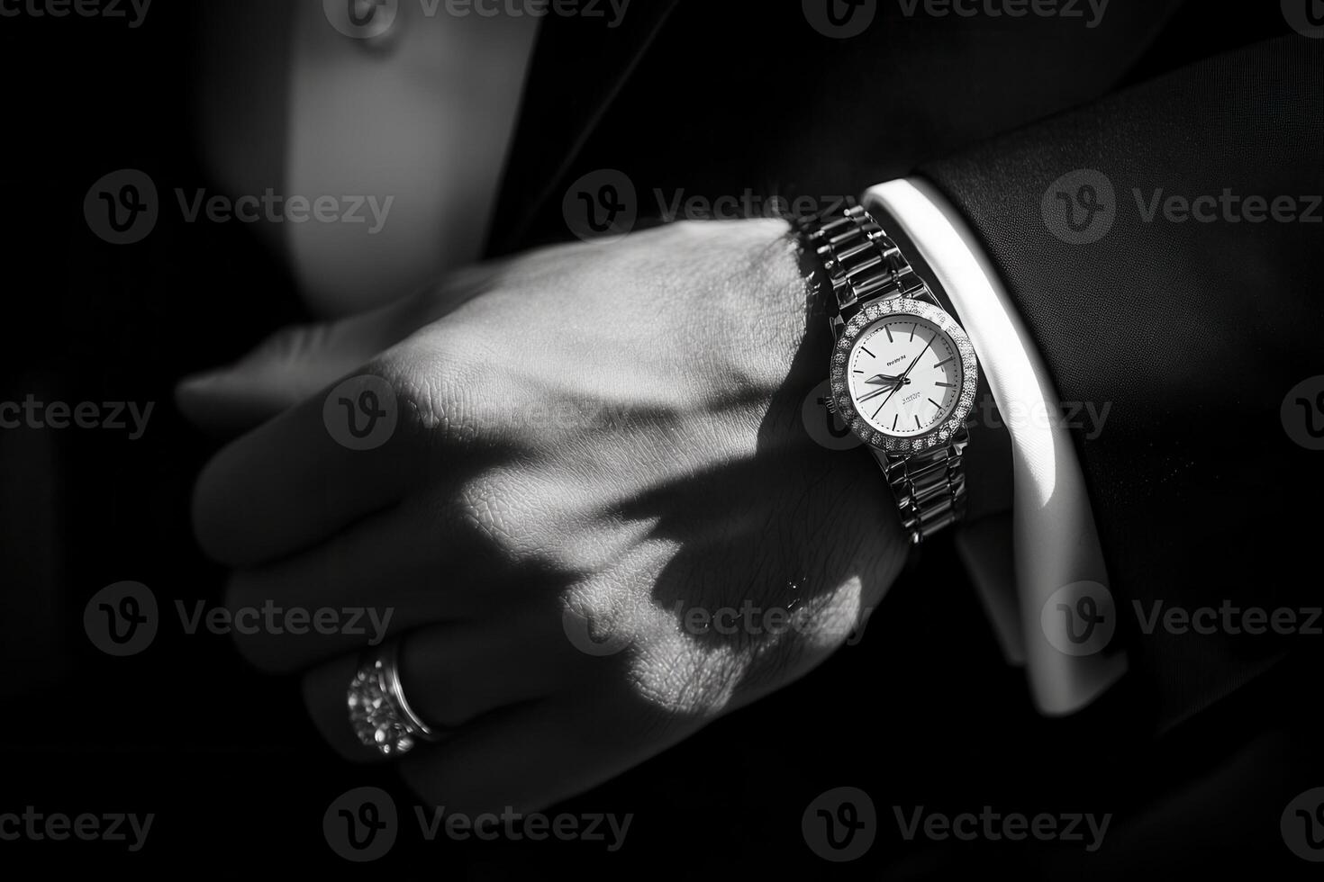 Elegant close-up of a groom's hand wearing a watch and ring, showcasing sophistication photo