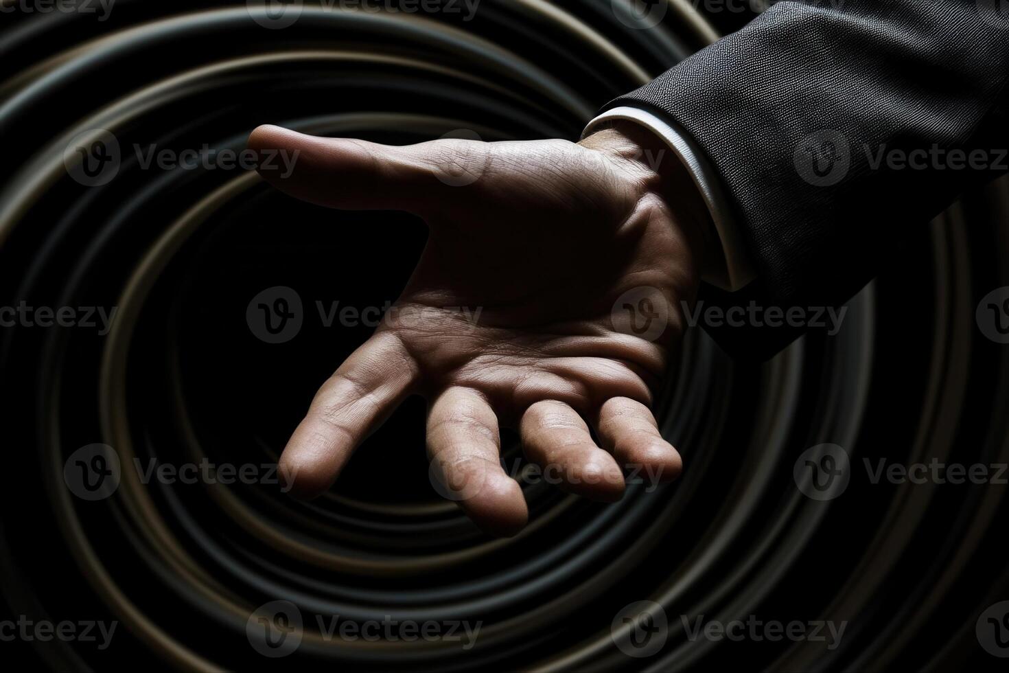 A businessman reaching out with an open hand, set against a swirling dark background photo