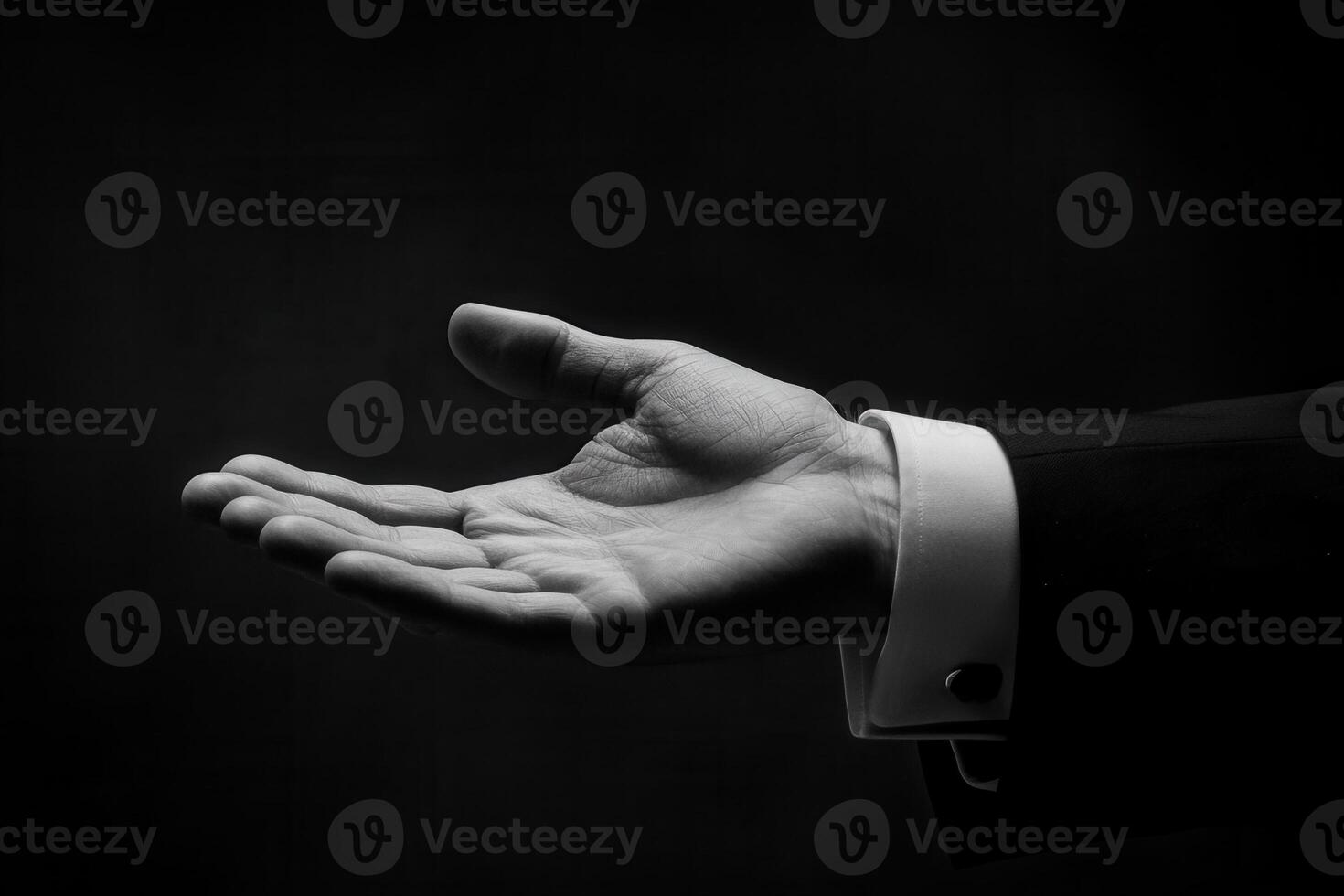 Elegant hand gesture in a dark setting, symbolizing invitation or offering photo