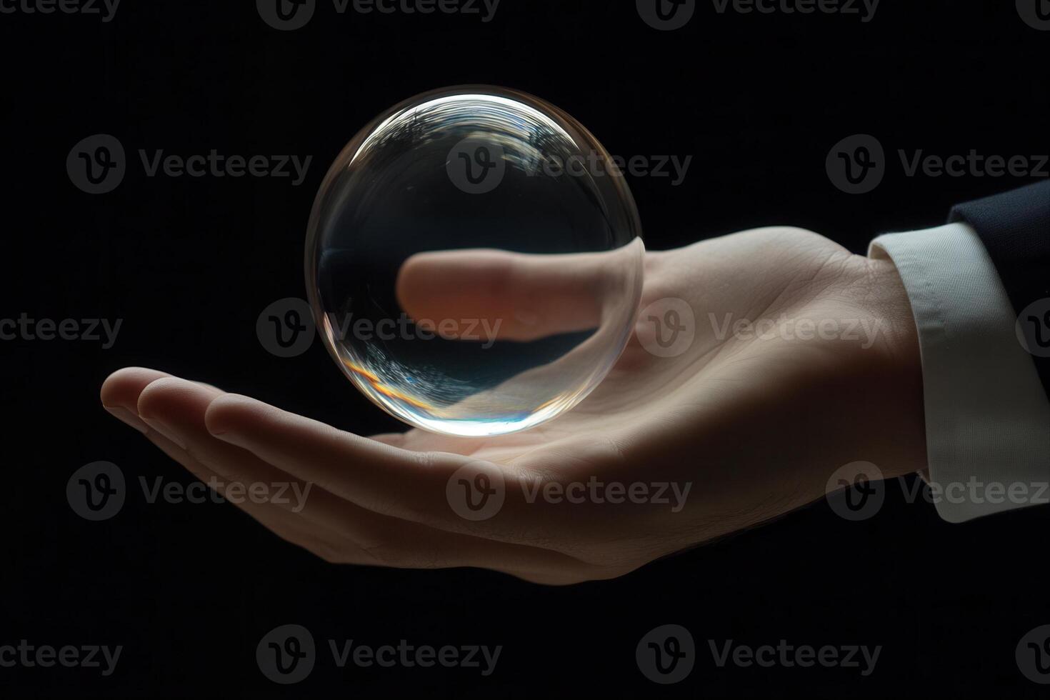 A hand elegantly holds a crystal-clear sphere reflecting light against a dark backdrop photo