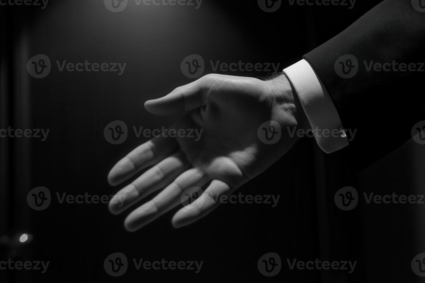 Elegant hand reaching out in a dimly lit room, symbolizing invitation or greeting photo
