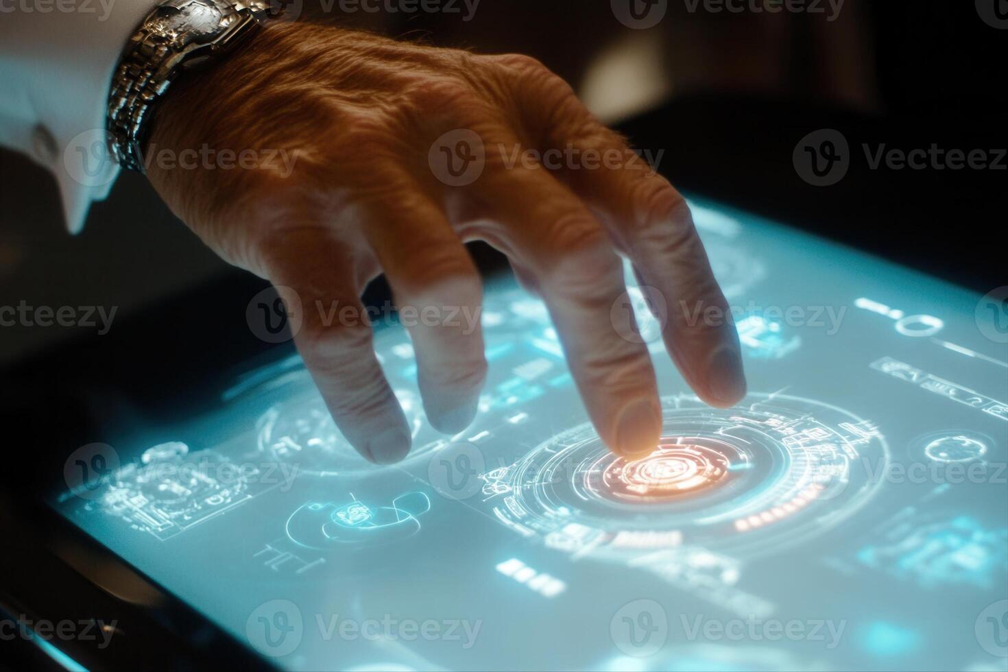 A close-up of a hand interacting with a futuristic touchscreen interface displaying data photo