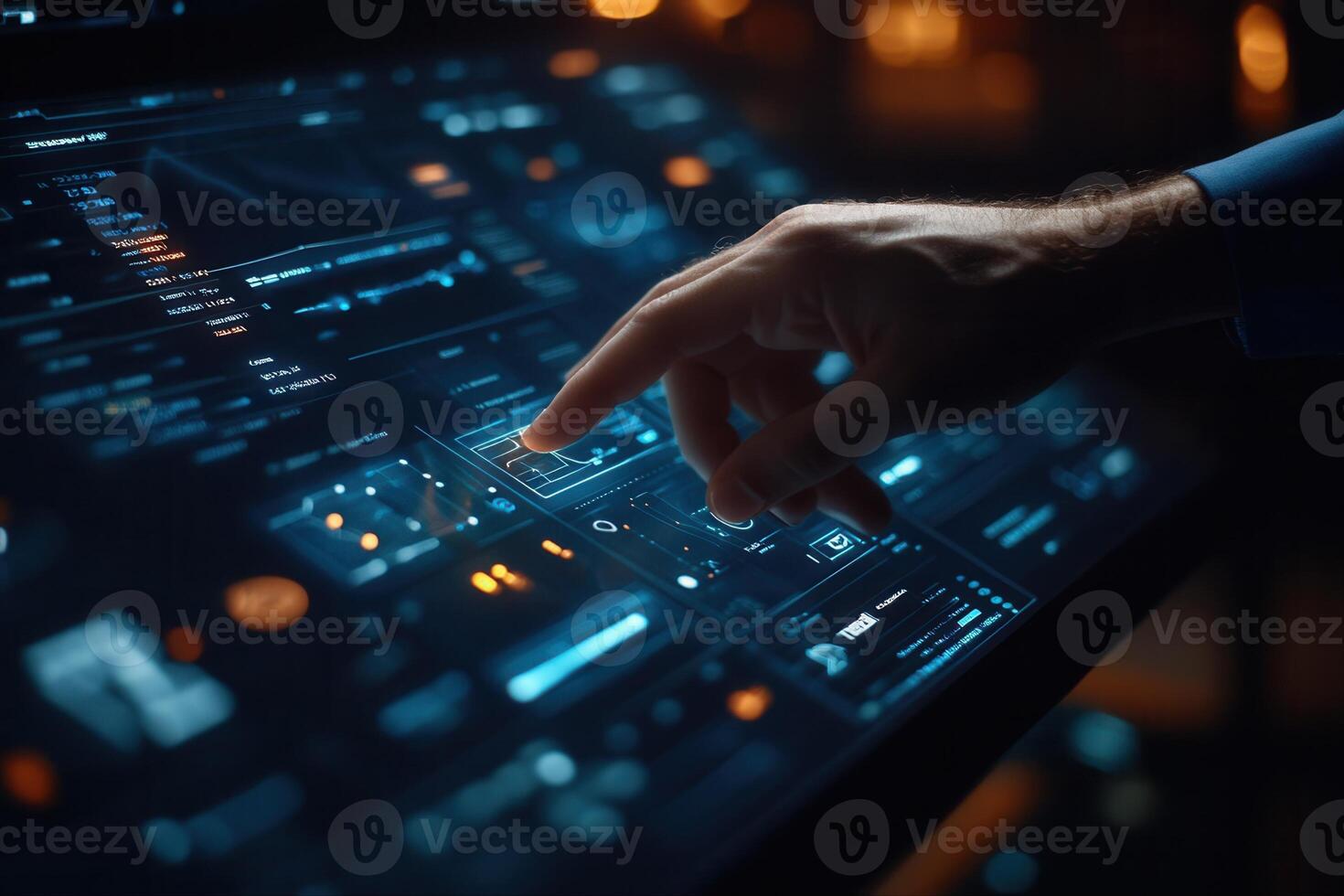 A close-up of a hand interacting with a futuristic touchscreen interface in a dimly lit room photo