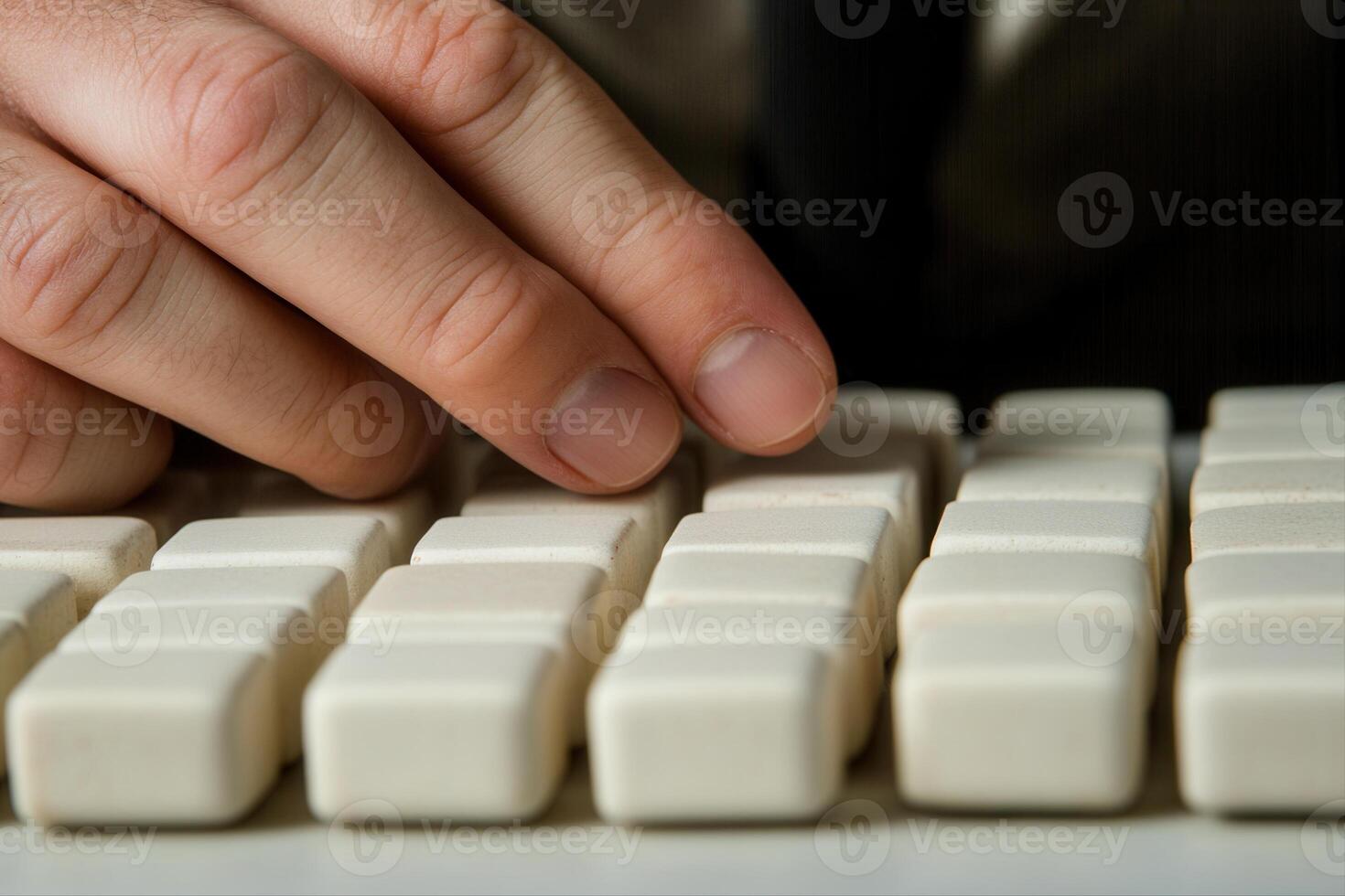 Close-up of a person's hand pressing keys on a white keyboard, focused on productivity photo