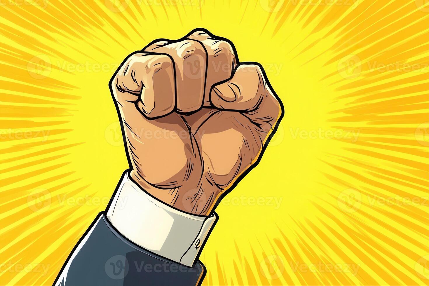 A determined fist raised in triumph against a vibrant yellow background symbolizing victory photo