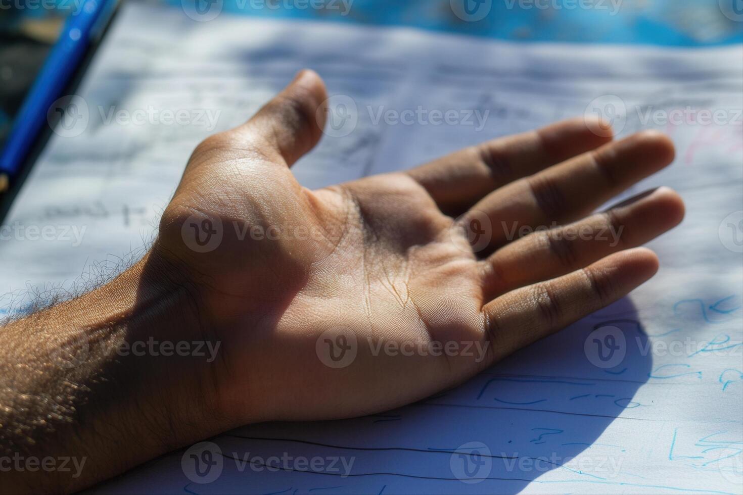 Close-up of an open hand resting on a notebook filled with notes under bright sunlight photo
