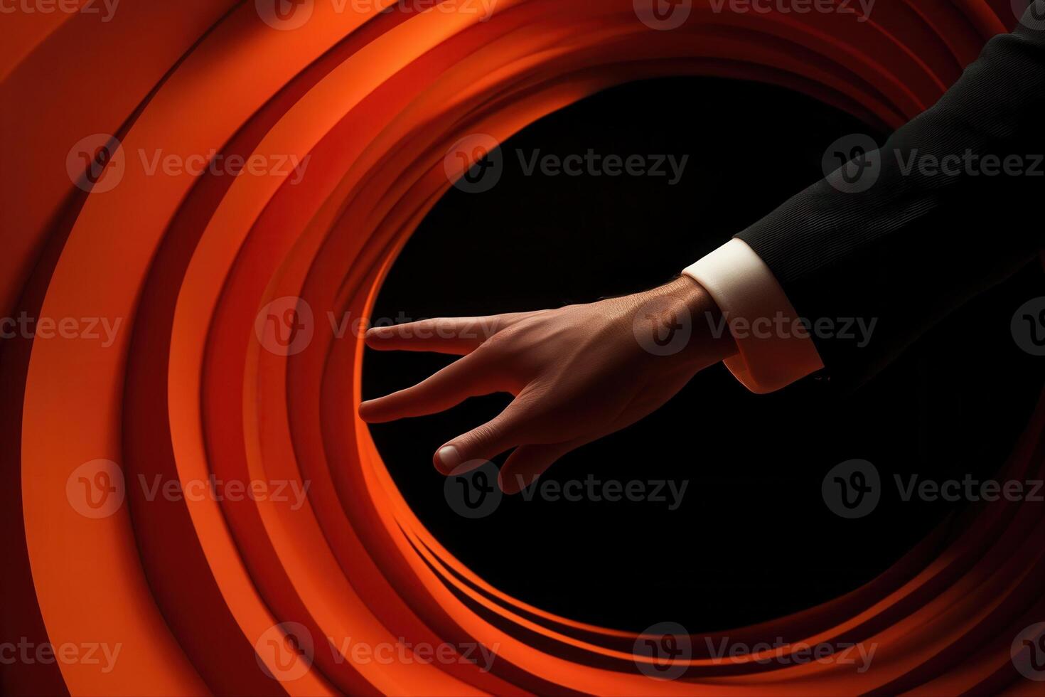 Elegant hand reaching towards vibrant orange paper layers, creating a striking visual effect photo