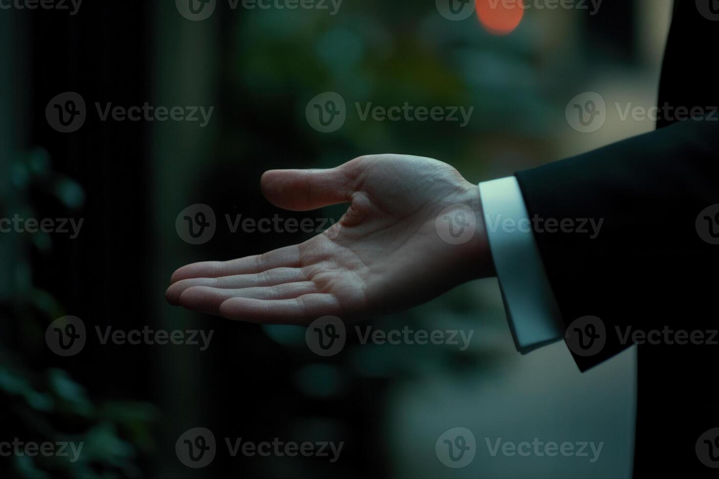 Elegant hand gesture of a suited individual in a dimly lit urban environment photo