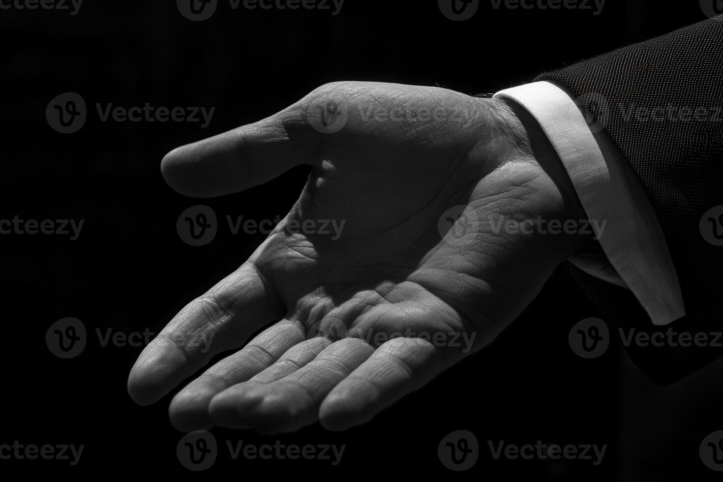 Elegant outstretched hand in a formal suit against a dark background inviting connection photo