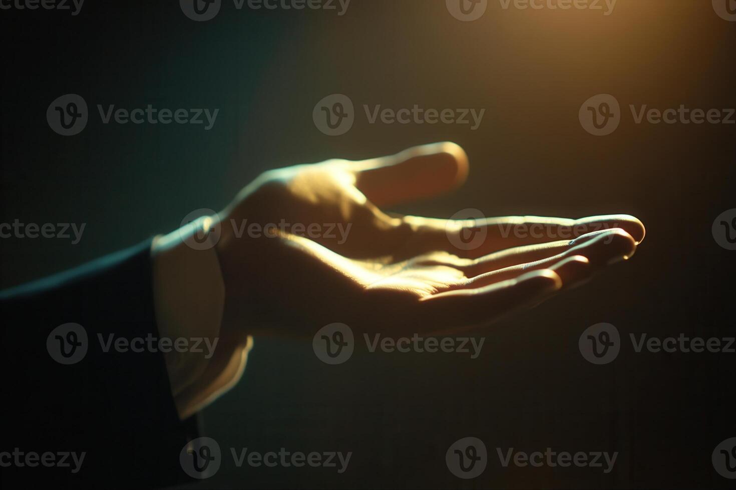 Elegant hand gesture in dim lighting, suggesting invitation or offering, with soft glow photo