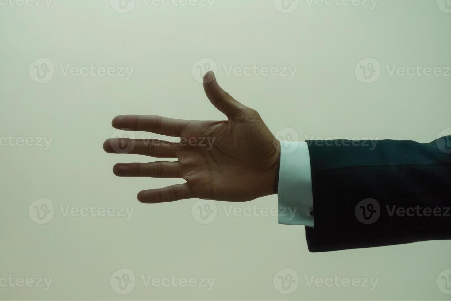 Elegant hand gesture in a formal suit against a soft background, conveying invitation photo