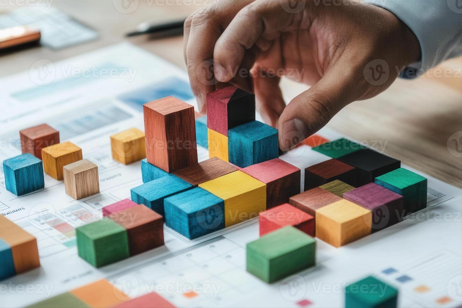 Colorful wooden blocks being arranged on a desk, with charts and documents in the background photo