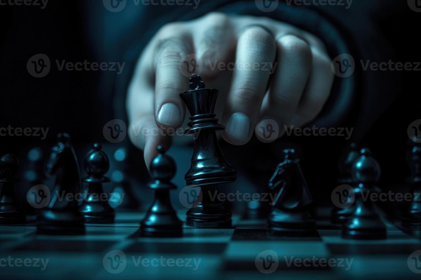 A close-up of a hand moving a black king piece during a chess game in a dimly lit room photo