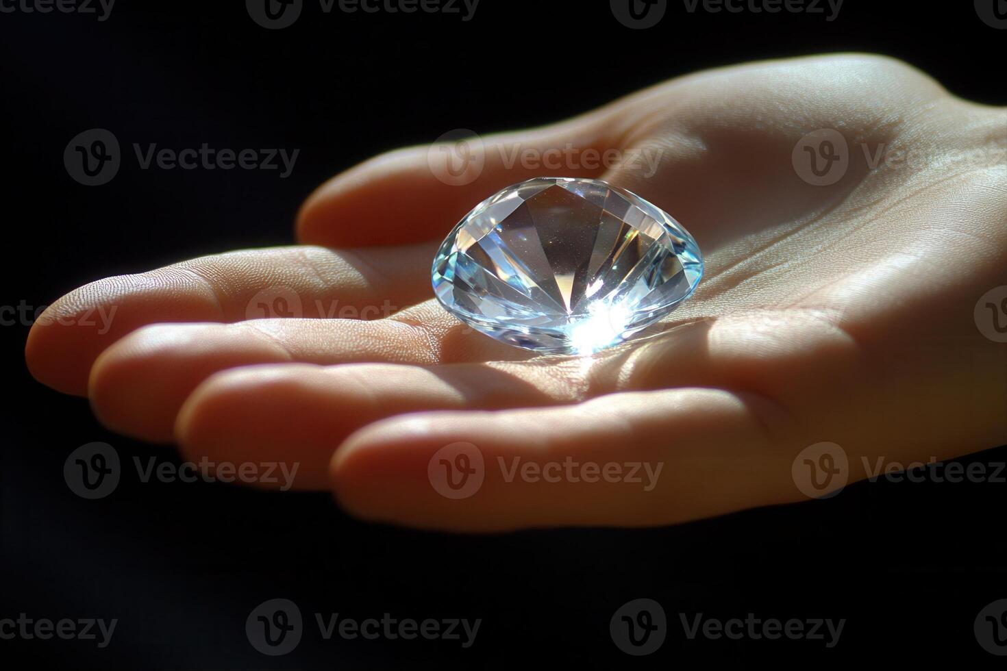 A hand delicately holding a sparkling diamond, illuminated by soft light against a dark backdrop photo