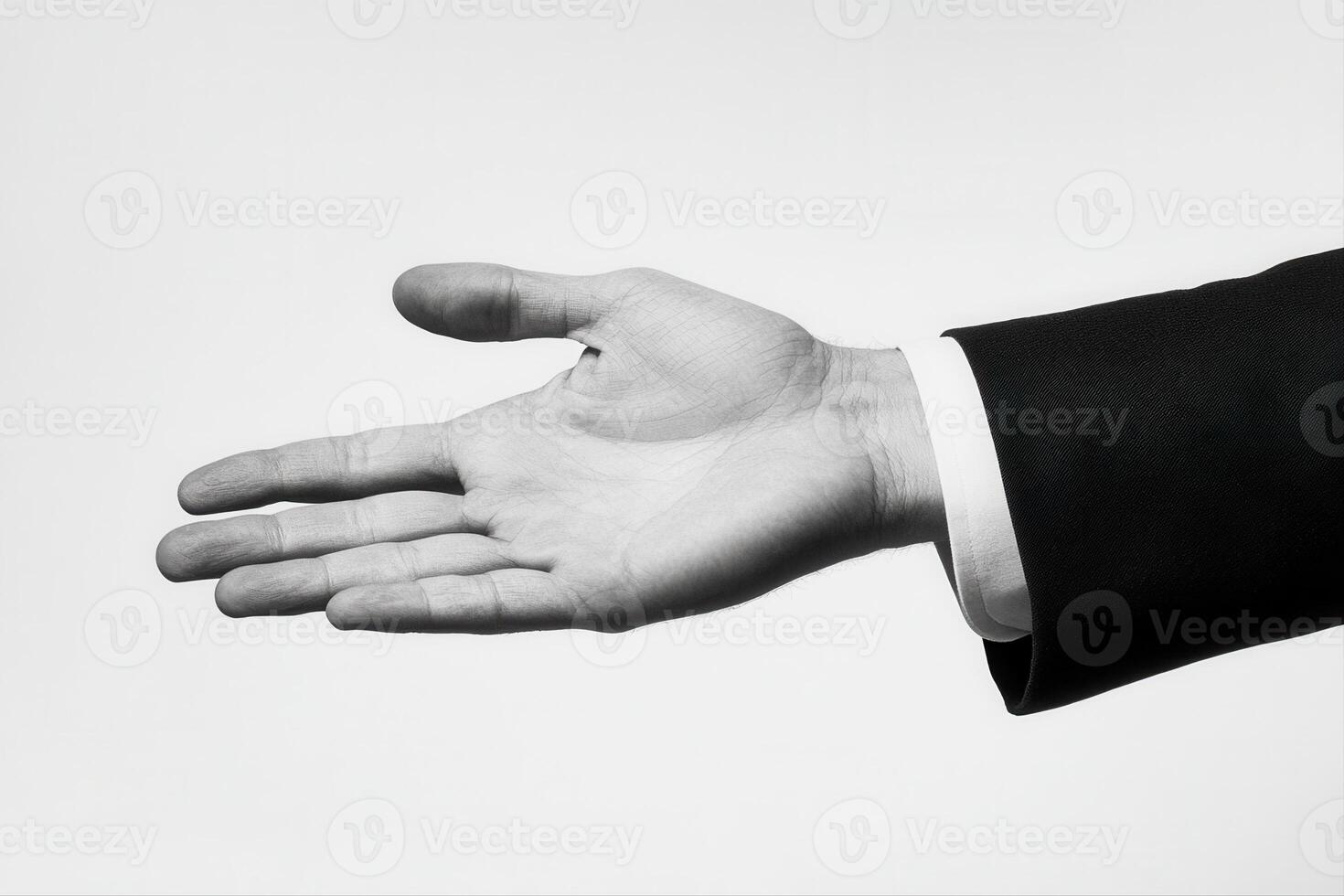 Elegant black and white image of an outstretched hand in a formal suit against a plain backdrop photo