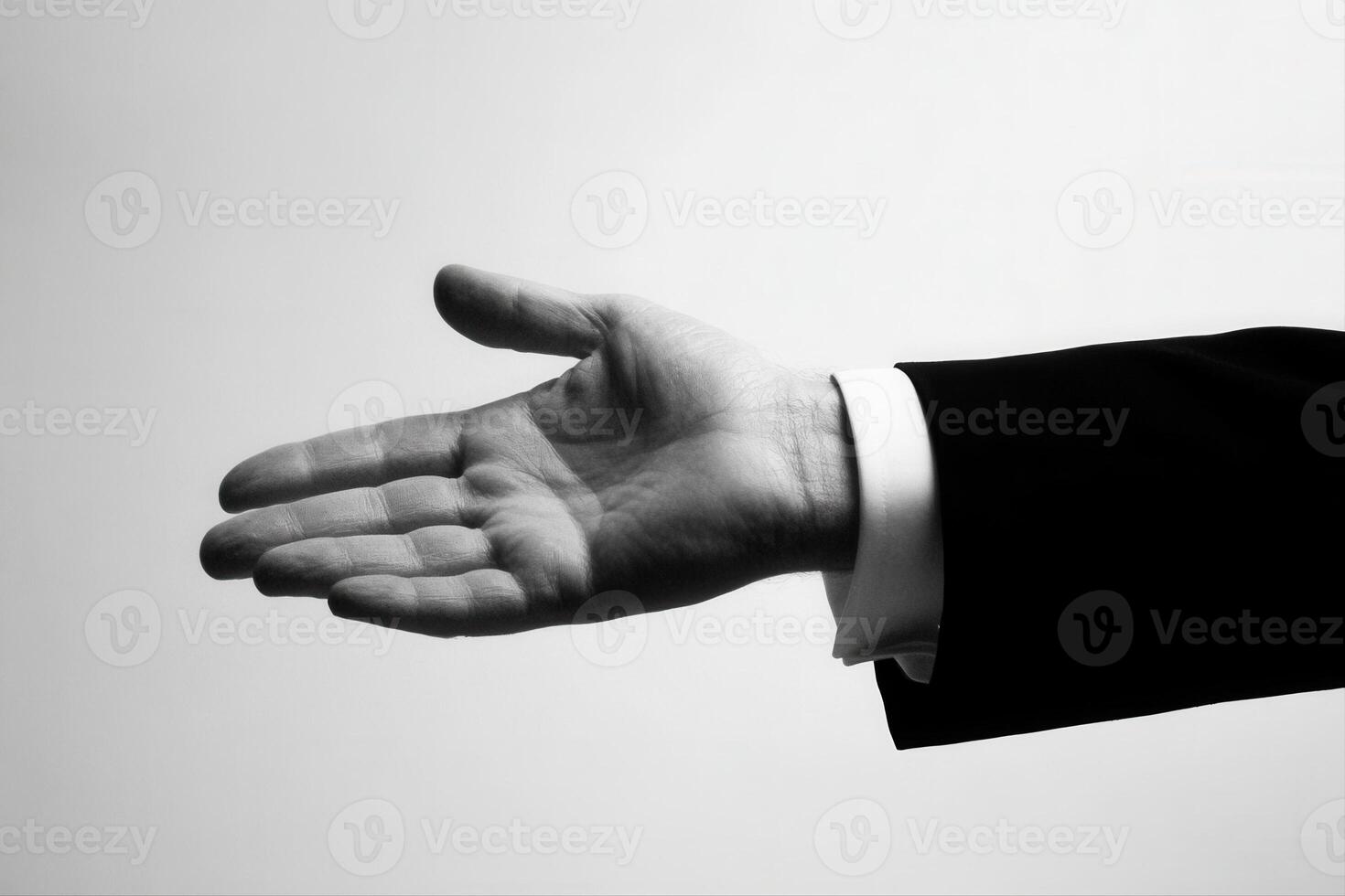 Elegant hand gesture in a formal suit, symbolizing invitation or greeting against a minimal background photo