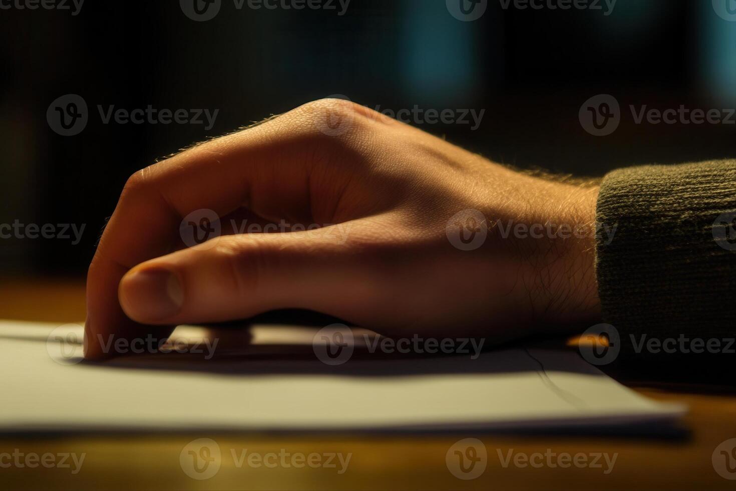 Close-up of a human hand resting on a blank sheet of paper in a dimly lit room photo