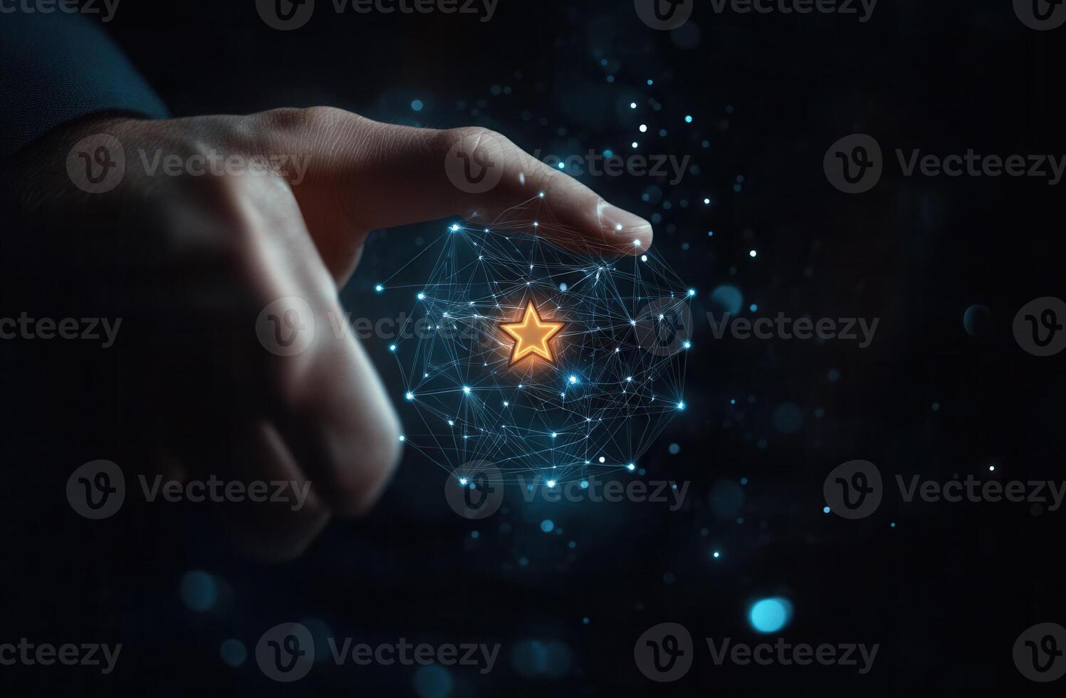 A hand reaching towards a glowing star within a digital network, symbolizing innovation photo
