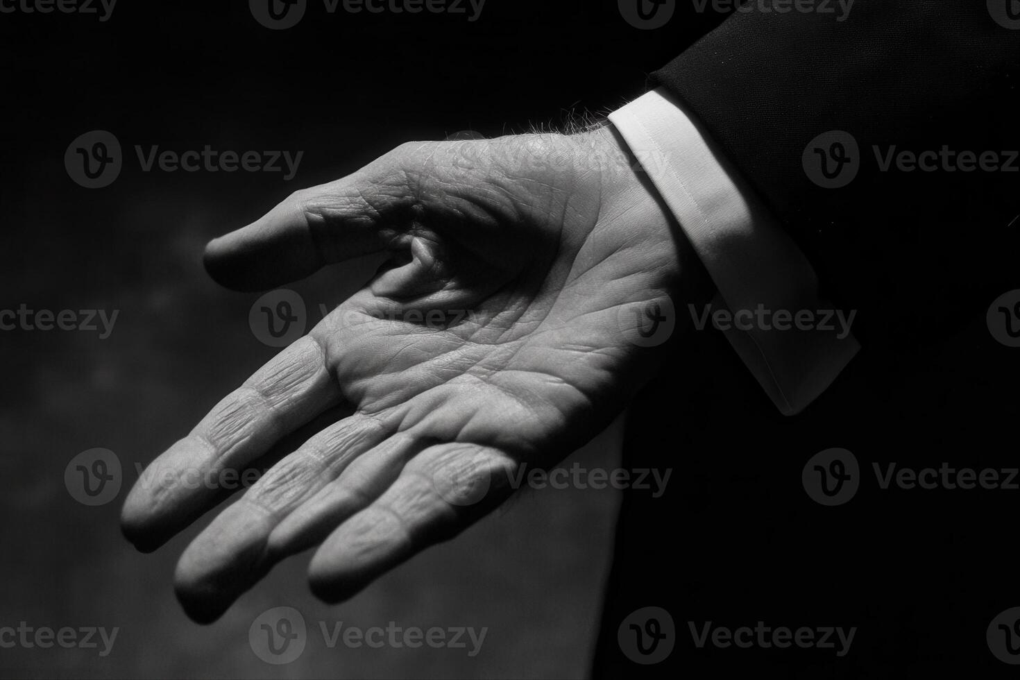 A close-up of an outstretched hand in a formal suit against a dark background photo