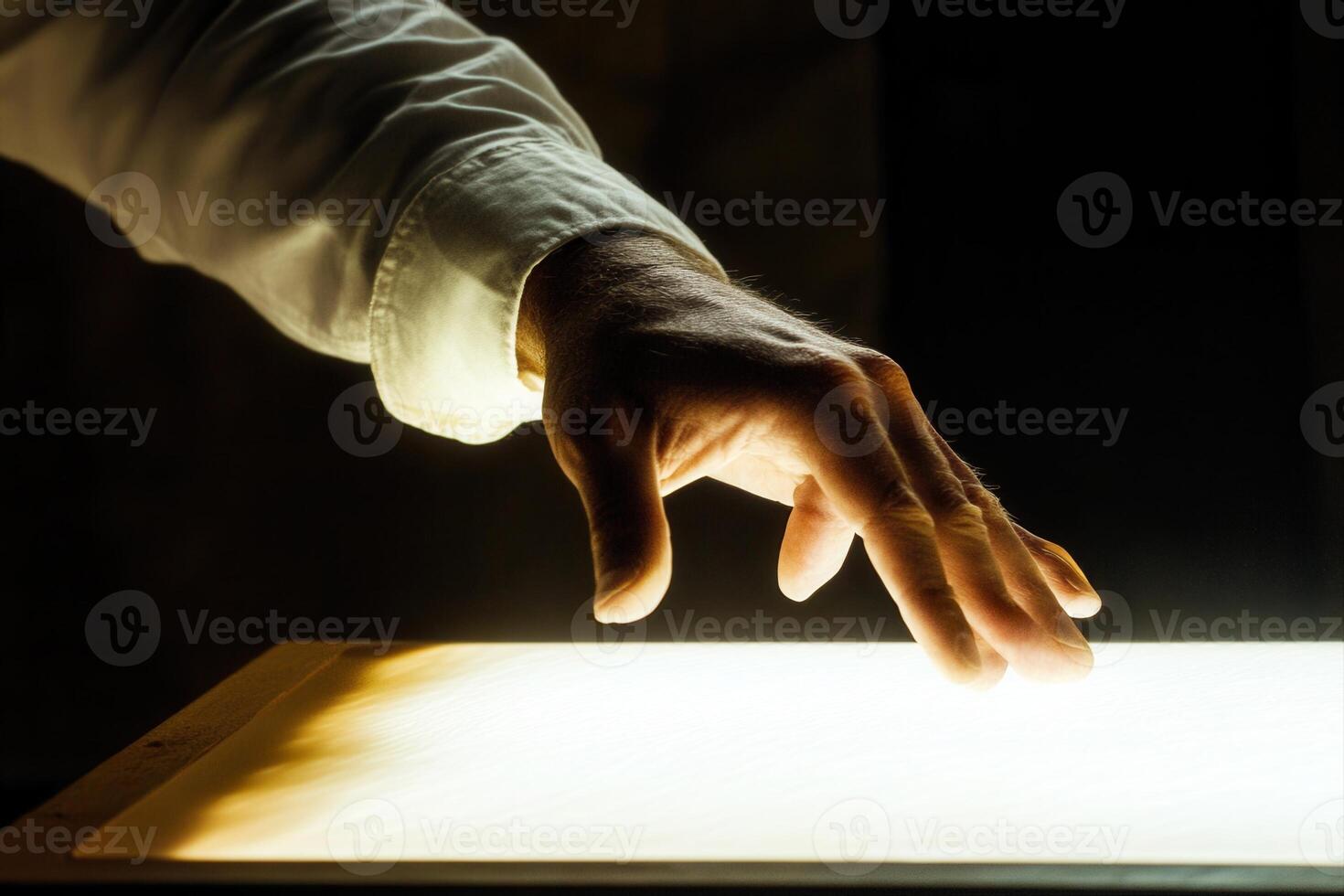 A human hand reaching towards a glowing surface, creating an ethereal atmosphere photo