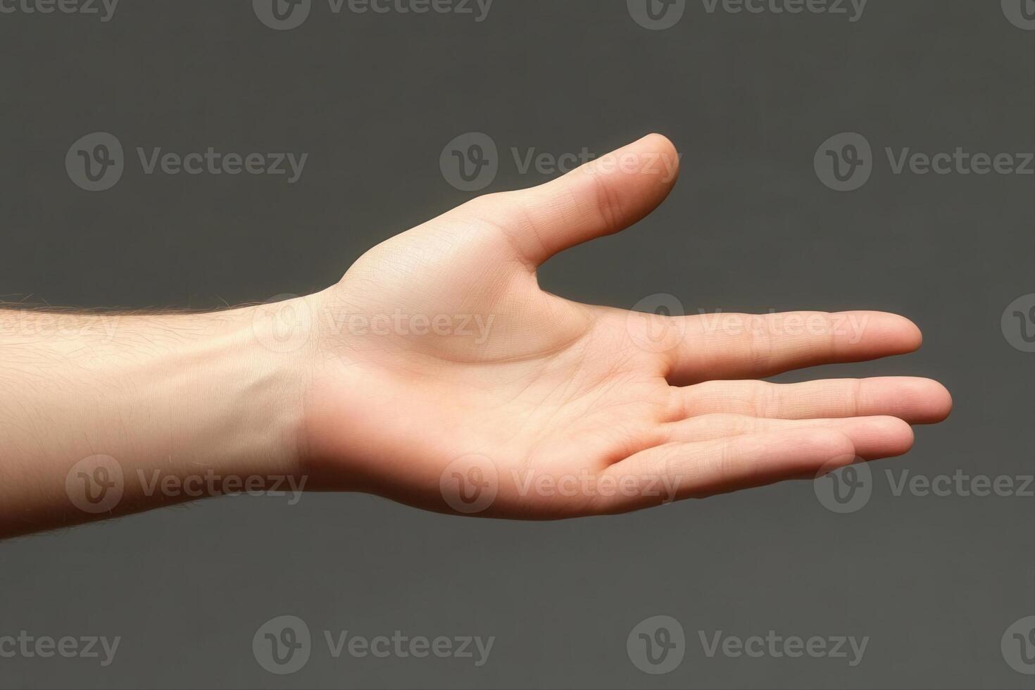 A human hand extended in a welcoming gesture against a neutral gray background photo