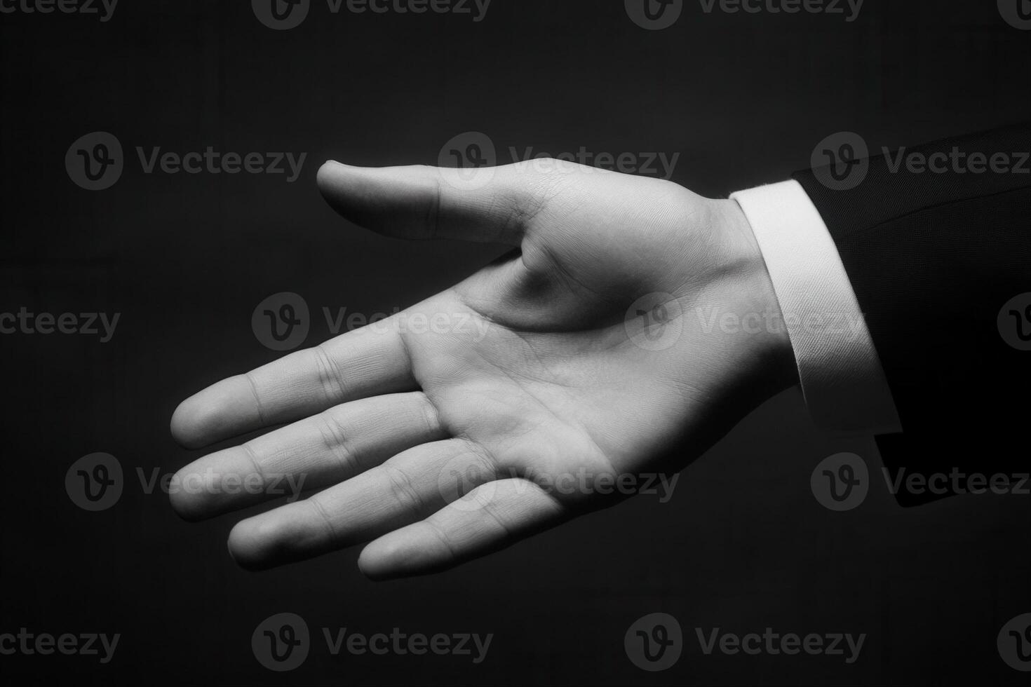 Elegant black and white image of an outstretched hand in a formal suit inviting connection photo